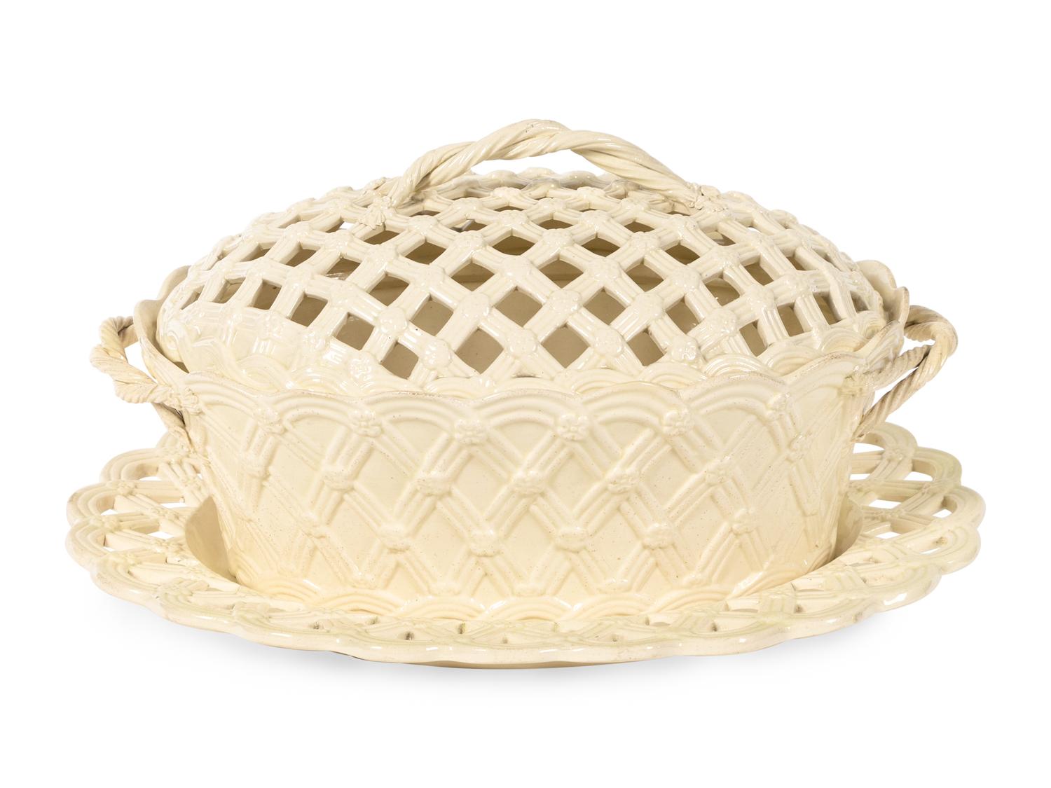 An English Creamware Covered Basket and Underplate