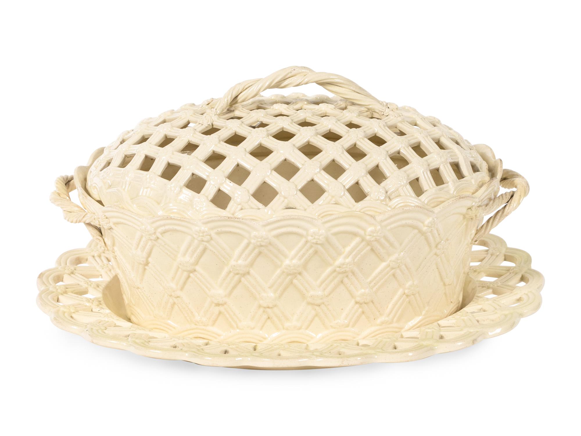 An English Creamware Covered Basket and Underplate