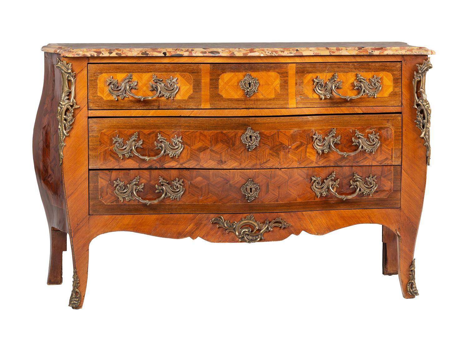 A Régence Style Bronze Mounted Marble Top Marquetry Commode