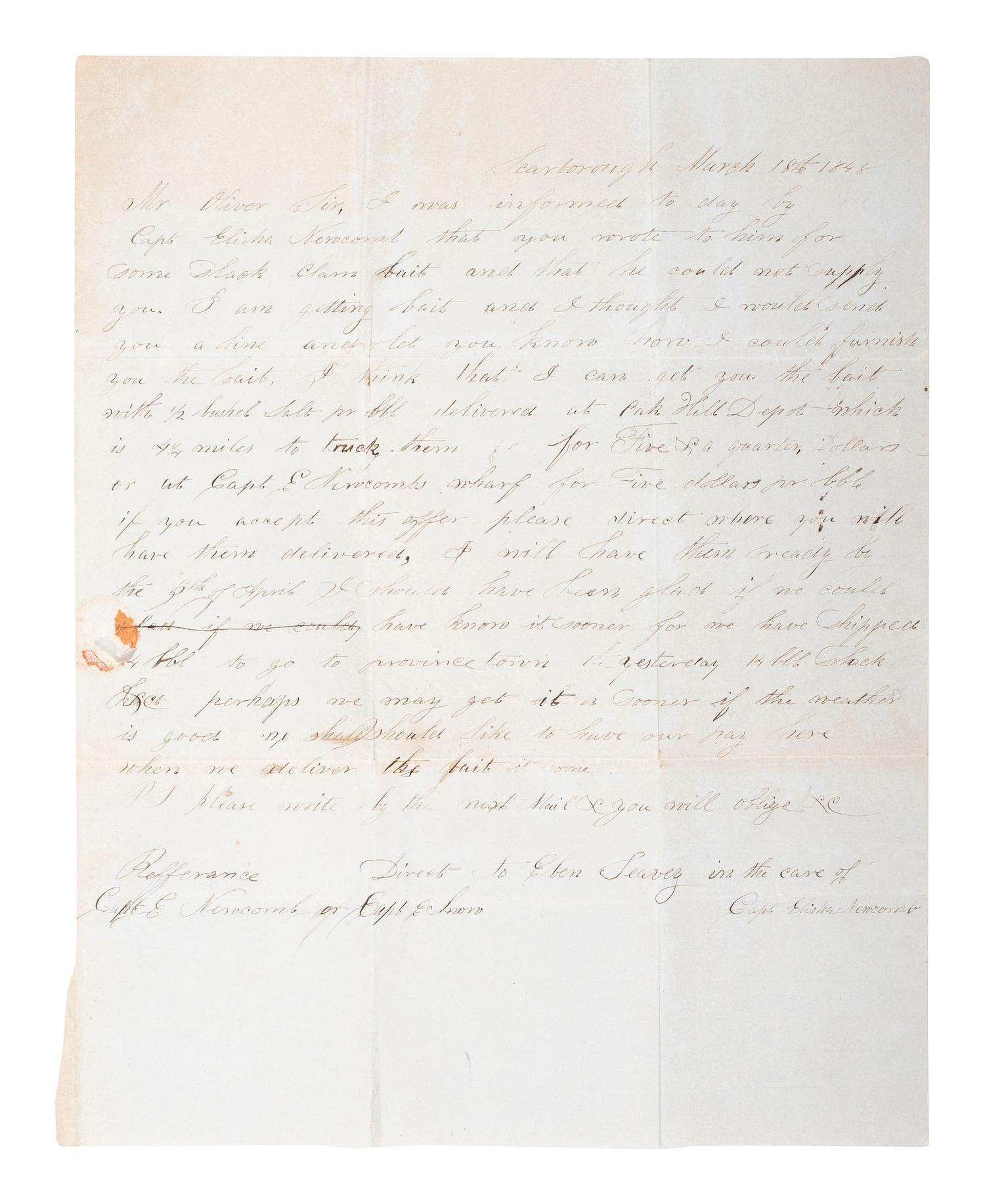 [EARLY PHOTOGRAPHY]. Sixth plate daguerreotype portrait of a man with a telescope, with letter from Eben Seavey of Scarborough, Maine referencing a Captain Elisha Newcomb.