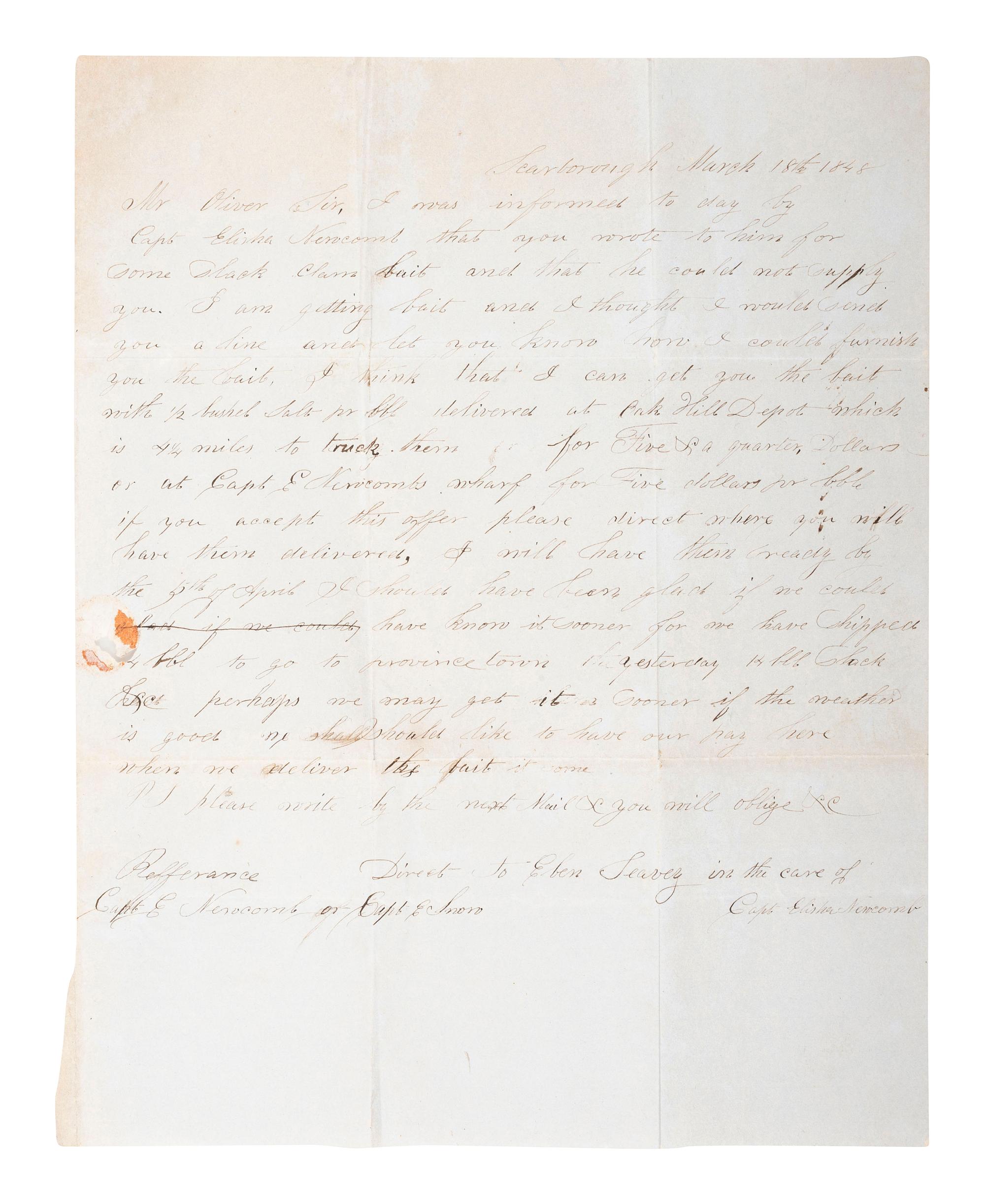 [EARLY PHOTOGRAPHY]. Sixth plate daguerreotype portrait of a man with a telescope, with letter from Eben Seavey of Scarborough, Maine referencing a Captain Elisha Newcomb.