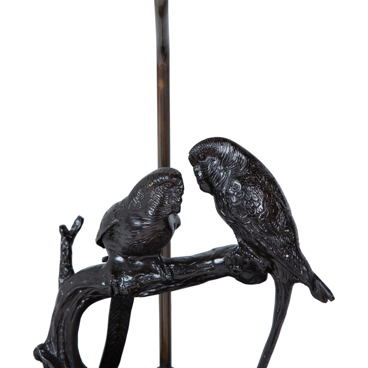 Two Patinated Bronze Lamps with Birds on a Branch — 20TH CENTURY