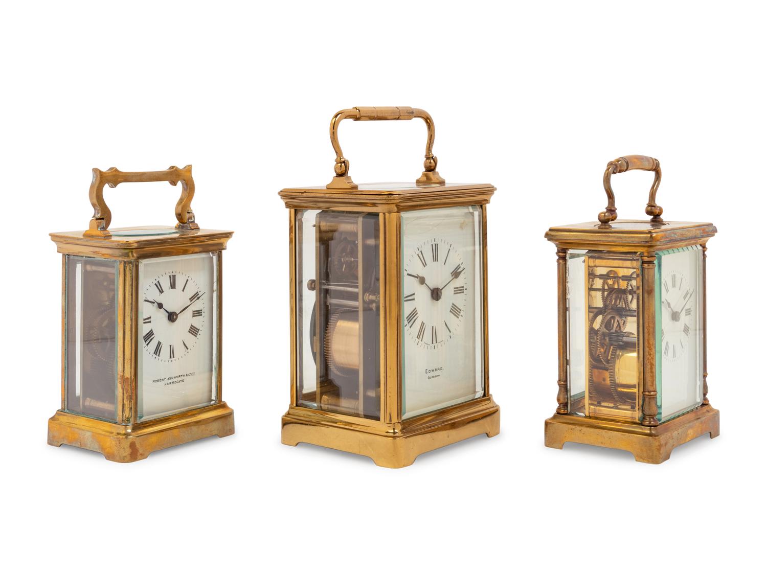 Three English and French Brass Carriage Clocks