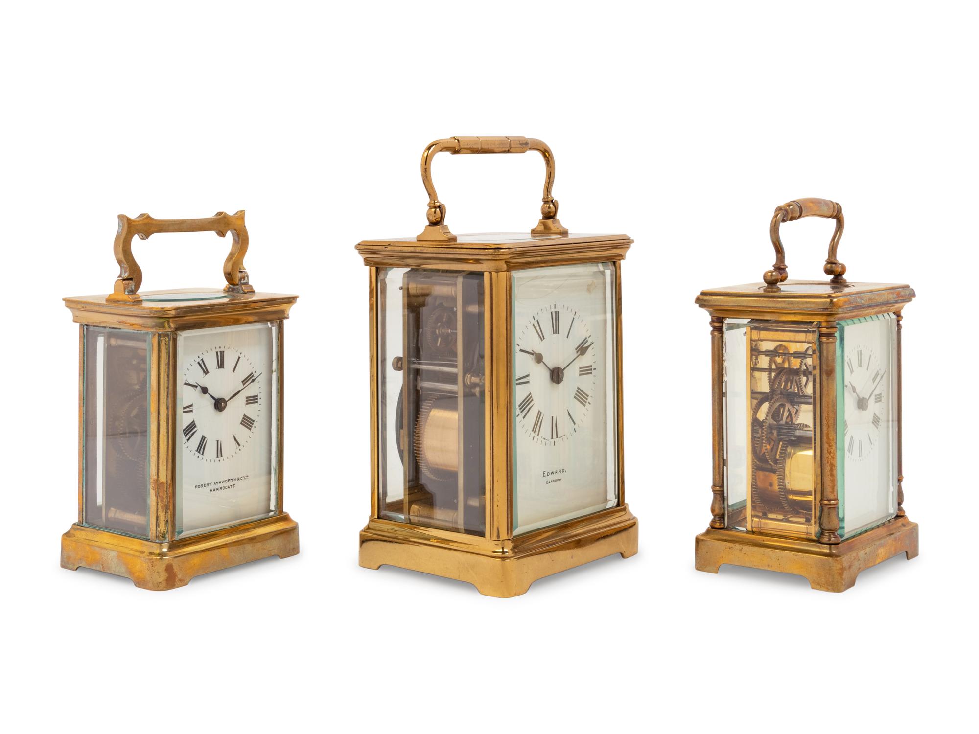 Three English and French Brass Carriage Clocks