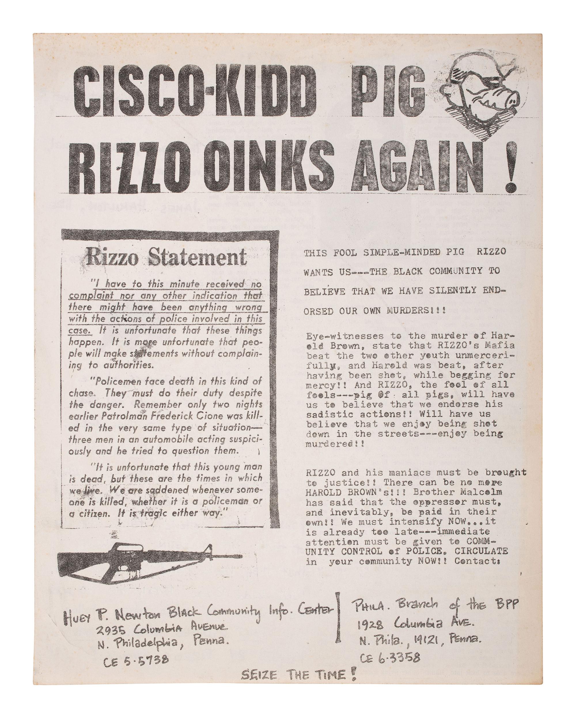 [CIVIL RIGHTS]. A pair of flyers denouncing Philadelphia Police Commissioner Frank Rizzo.