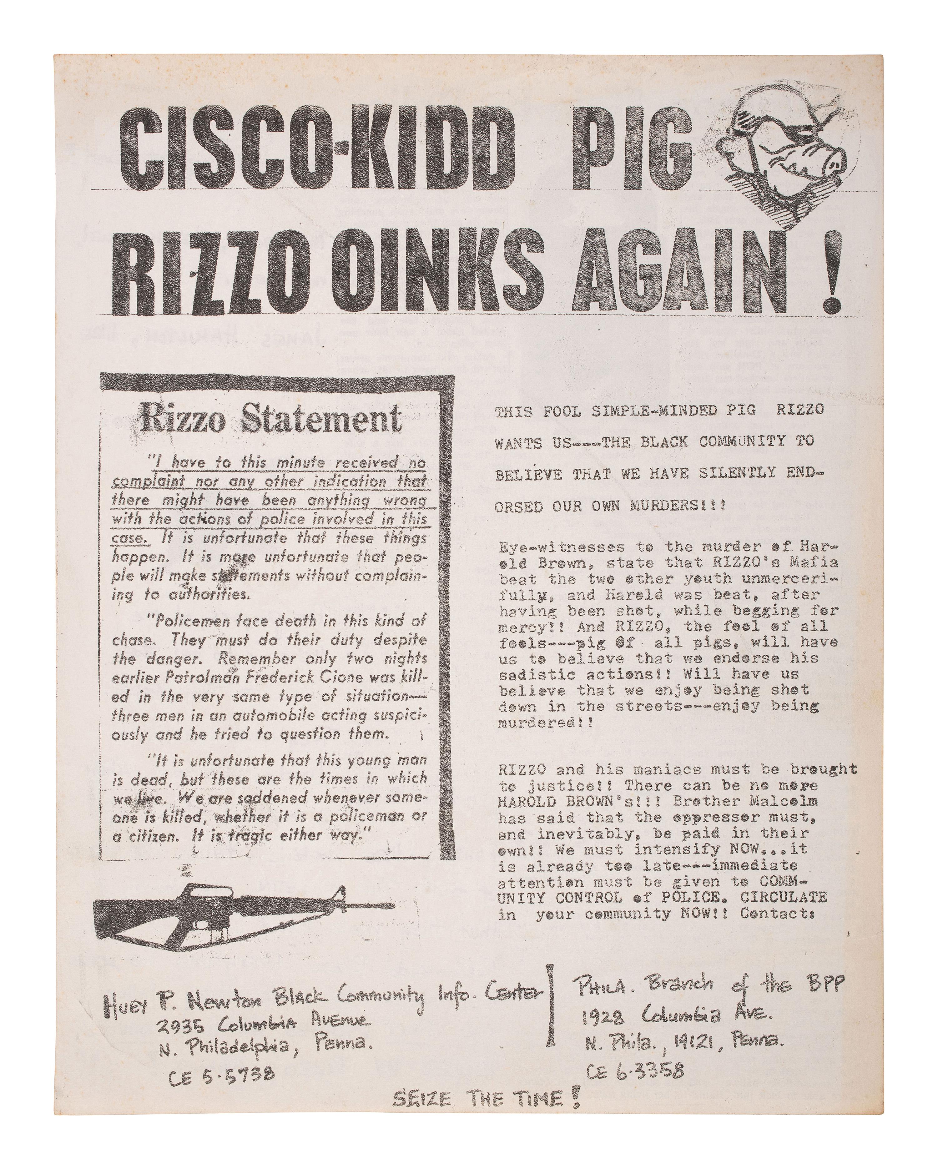 [CIVIL RIGHTS]. A pair of flyers denouncing Philadelphia Police Commissioner Frank Rizzo.