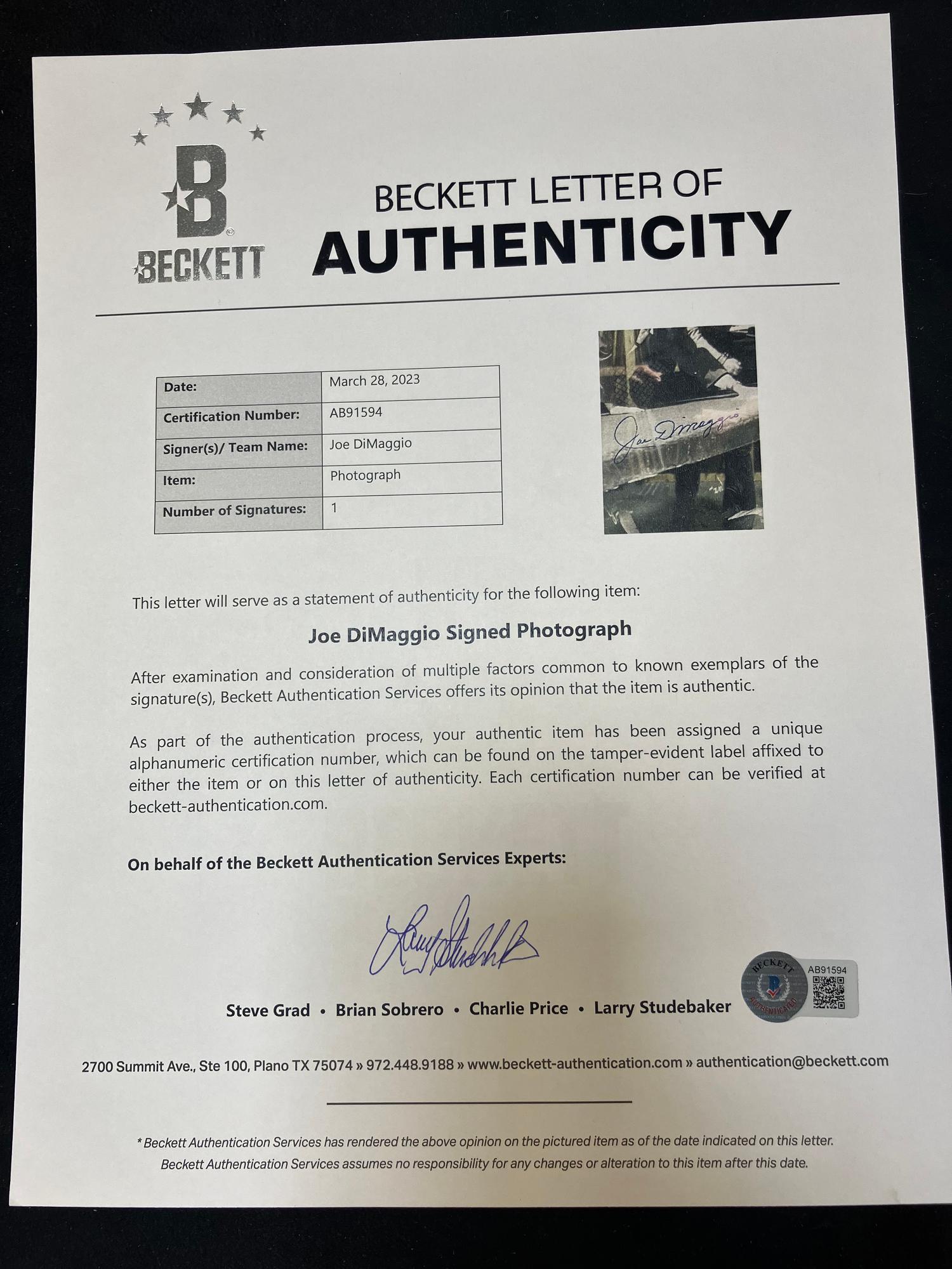 A Joe DiMaggio Signed Autograph Large Display (Beckett Authentication Services Letter),