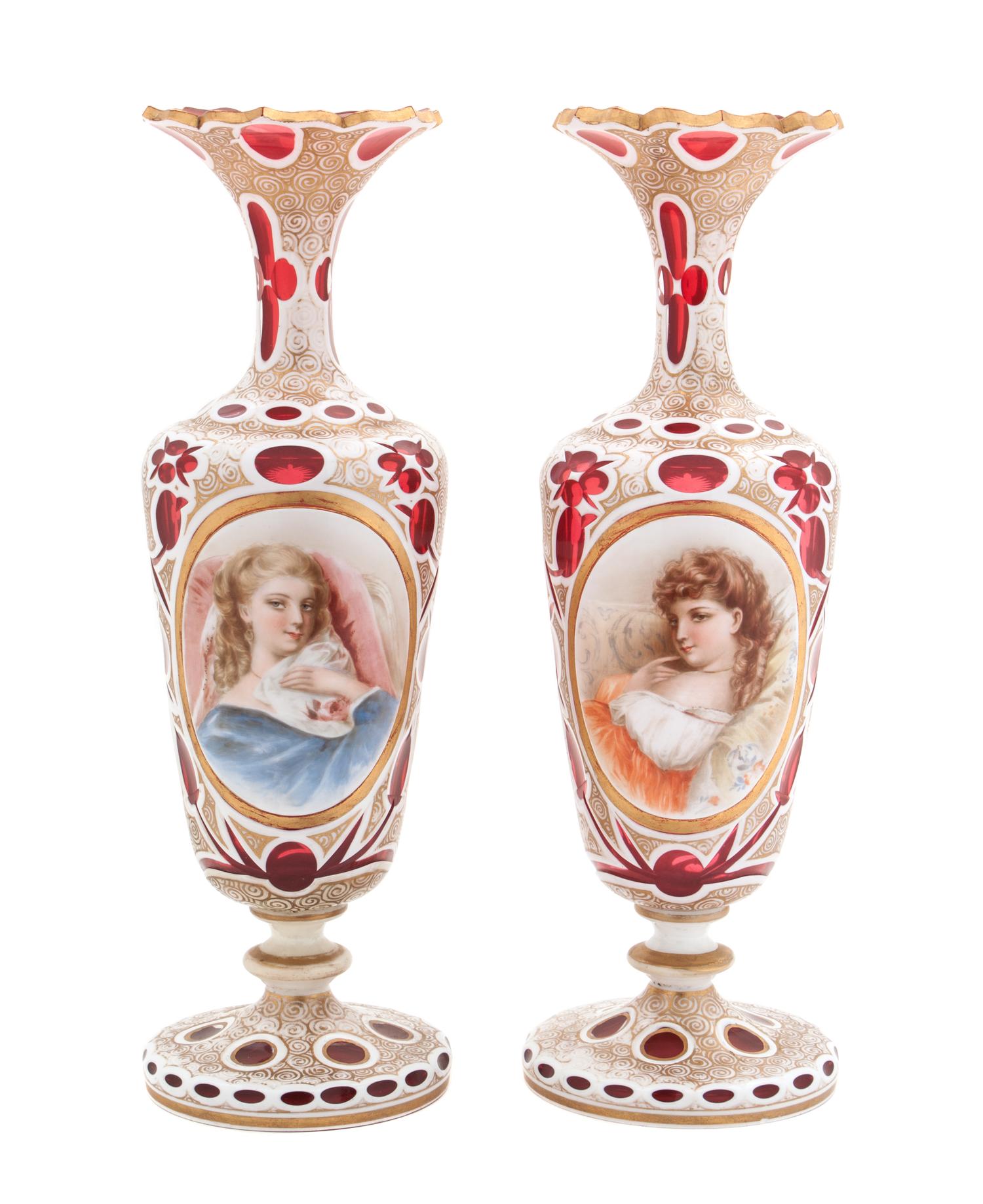 A Pair of Bohemian Enameled Double Overlay Vases Height 14 inches.