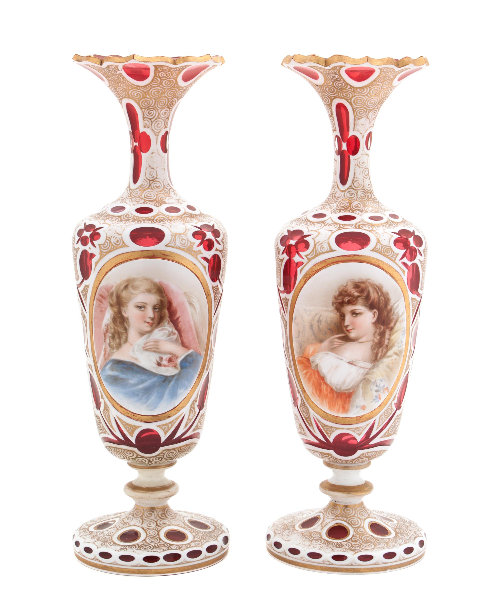 A Pair of Bohemian Enameled Double Overlay Vases Height 14 inches.