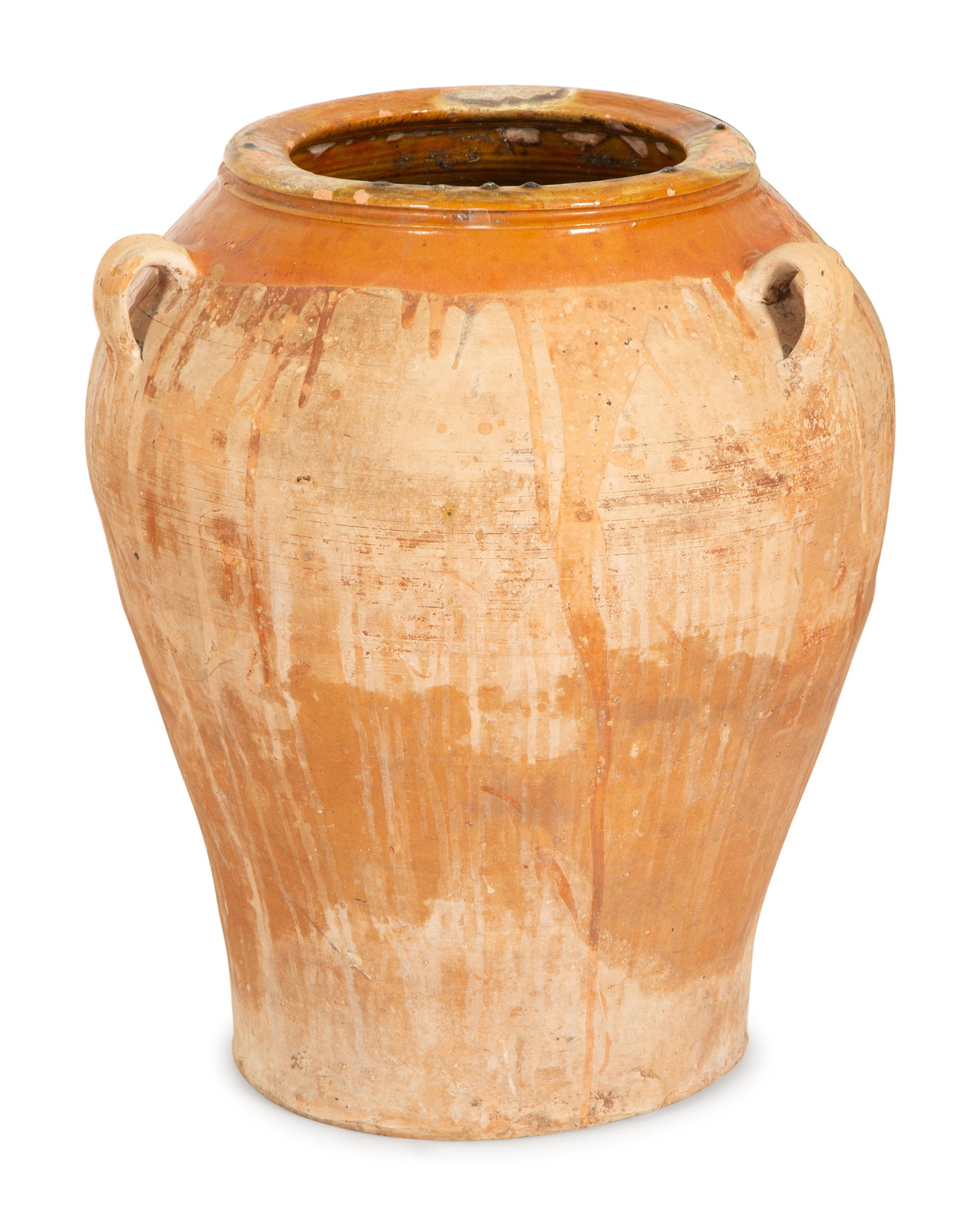 Three Partially Glazed Terra Cotta Olive Jars — 20th Century