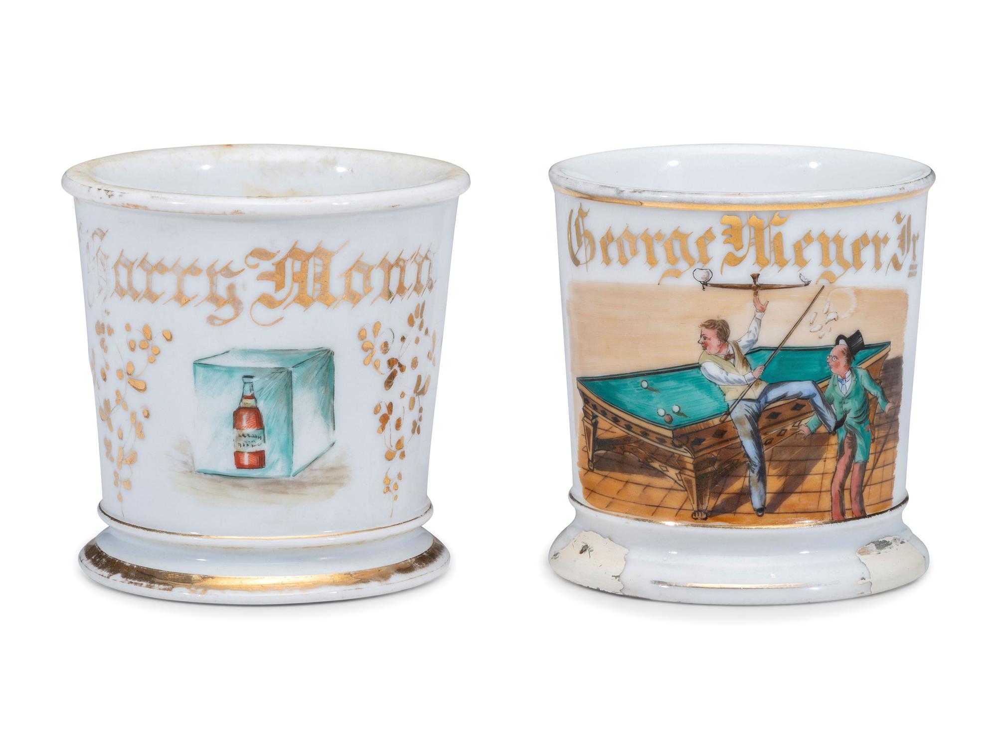Two Porcelain Shaving Mugs Relating to Leisure Activities