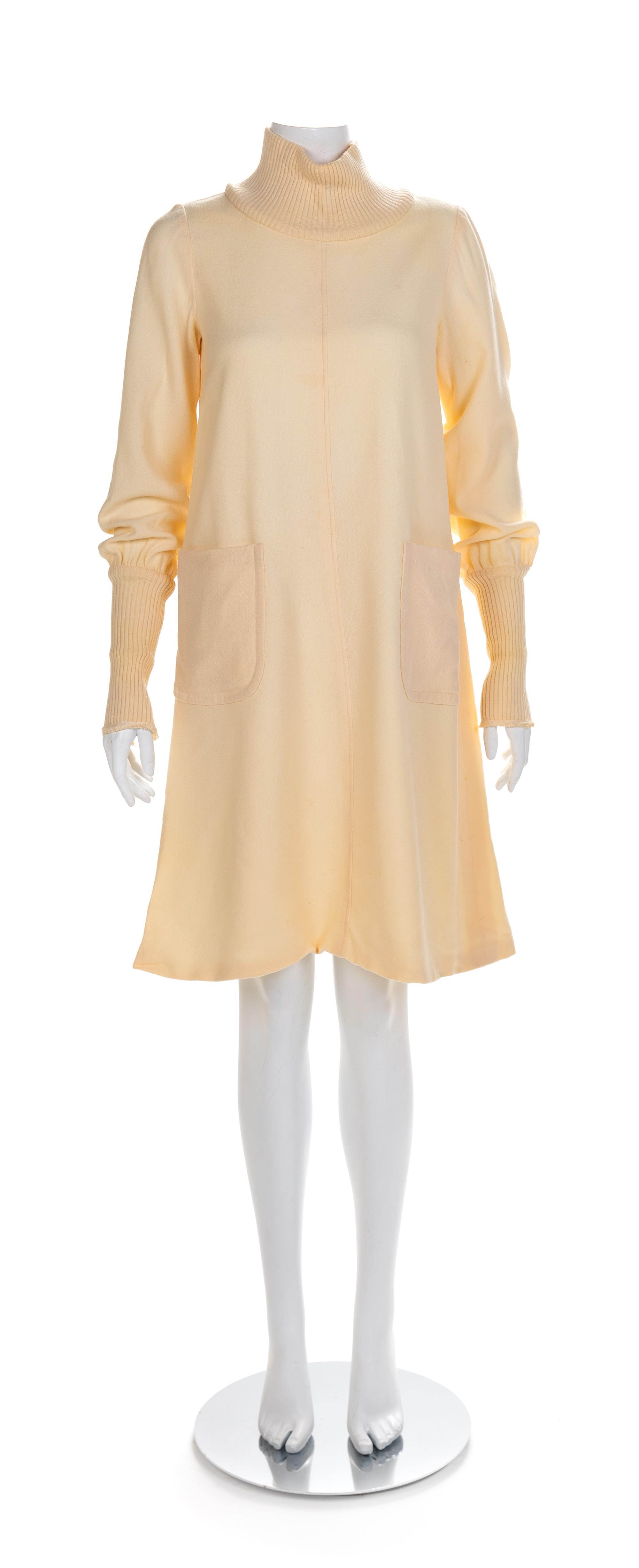 Harold Levine Cream Dress with Knit Collar and Cuffs, 1960-70s No size label