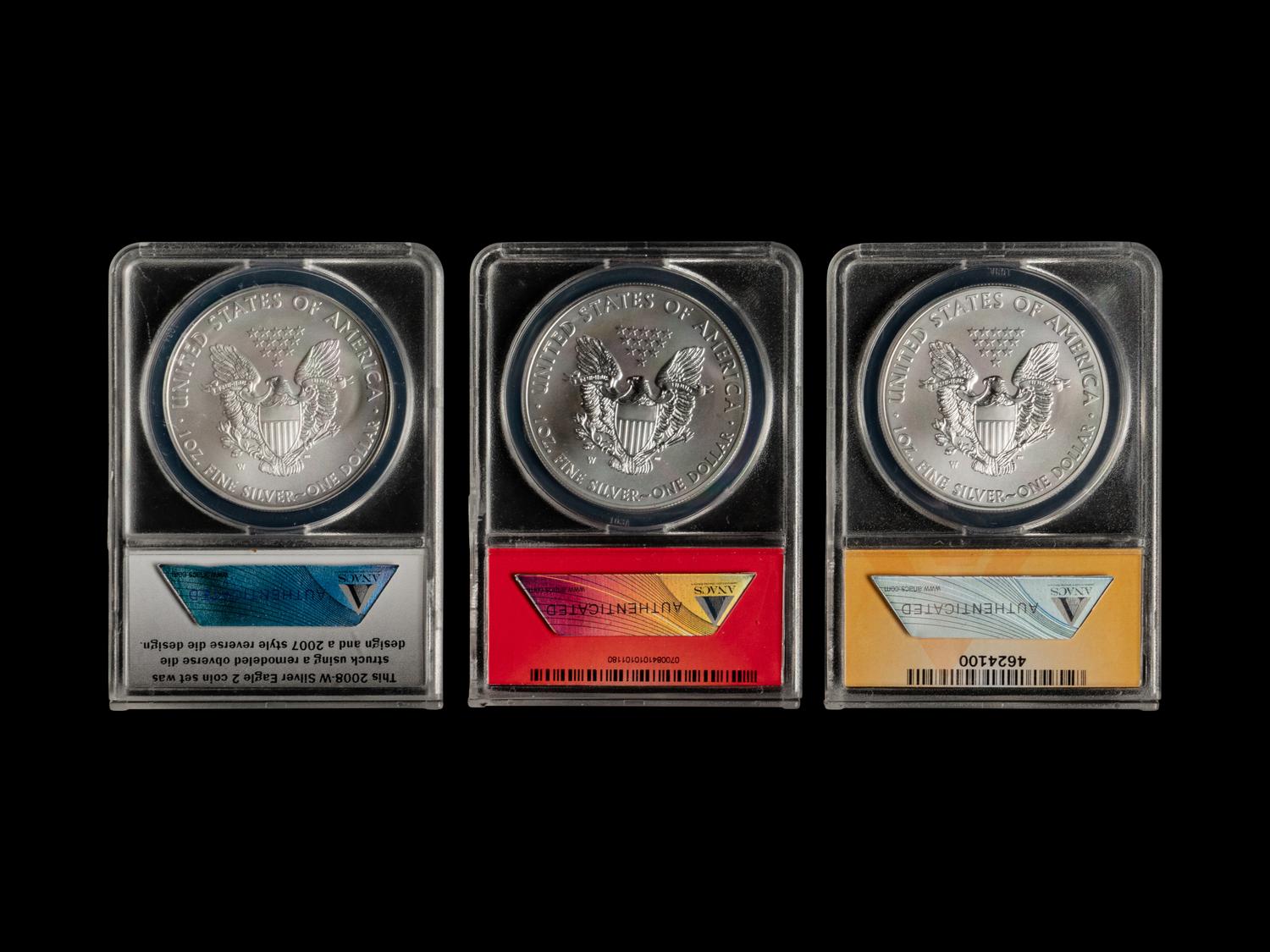 A Collection Seventy-Six of ANACS Graded MS70, SP70 and EU70 Silver Eagle $1 Coins