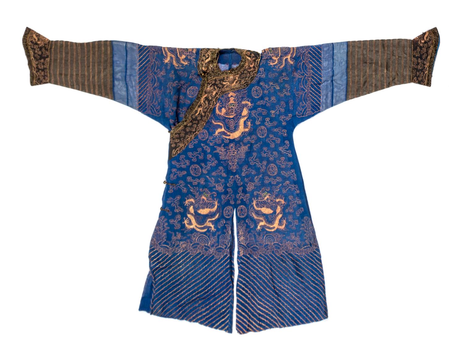 A Chinese Blue-Ground Summer Gauze 'Dragon' Robe, Jifu Height collar to hem 52 inches. — LATE 19TH/EARLY 20TH CENTURY