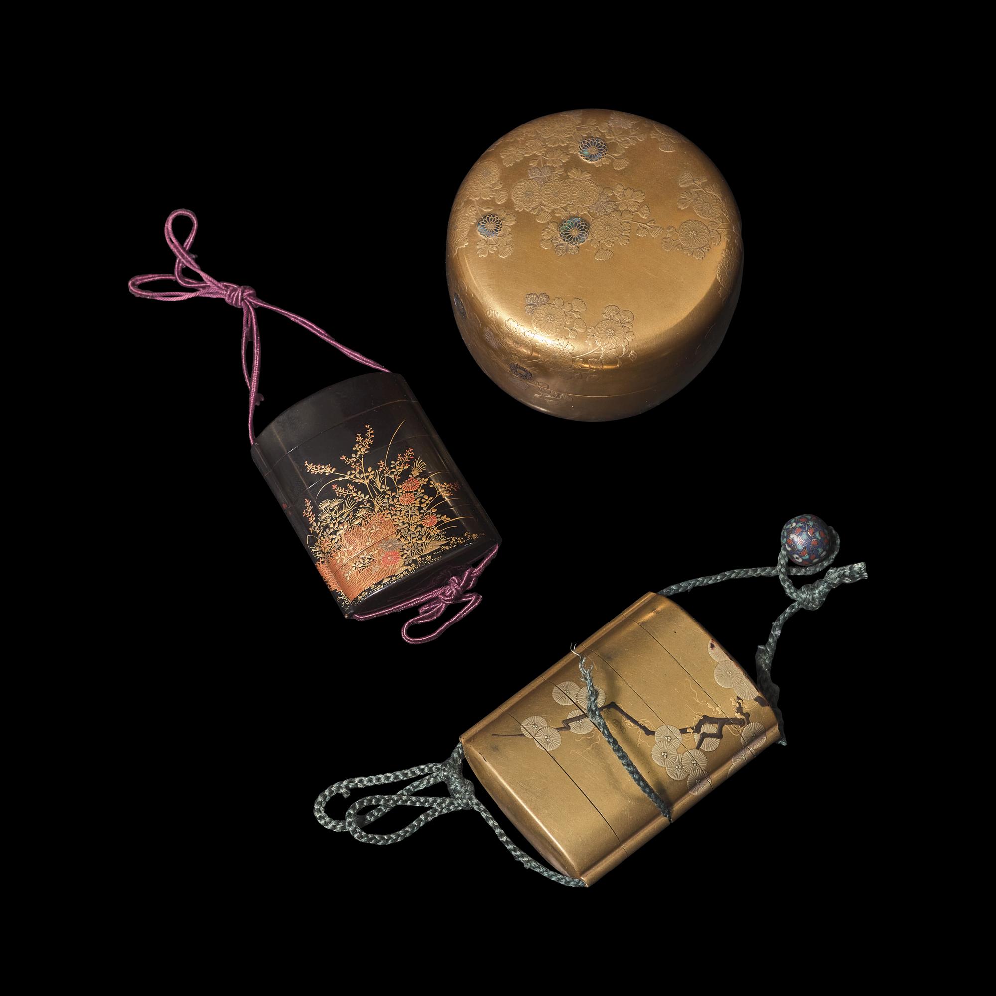 A Japanese Gold Lacquer Natsume , and two Lacquer Inro , 19th Century