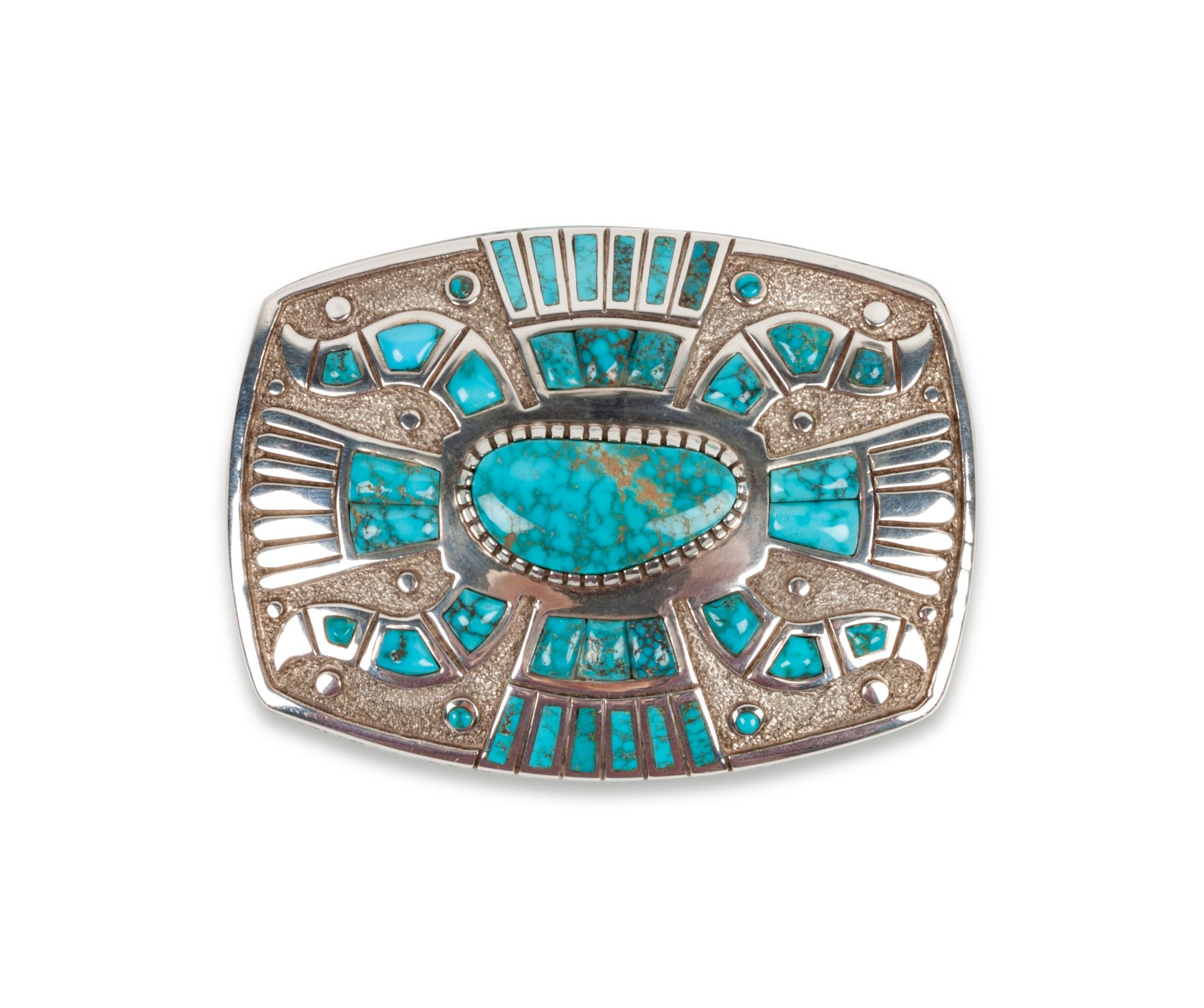 Sterling Silver and Lone Mountain Turquoise Belt Buckle and Cuff Bracelet