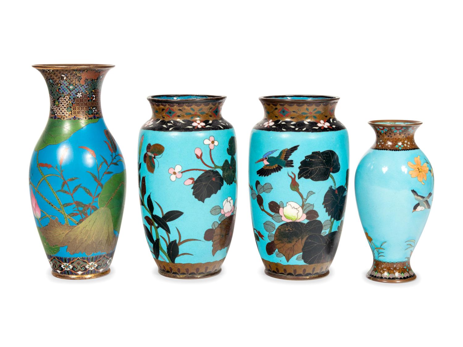 Four Blue Ground Cloisonné Vases