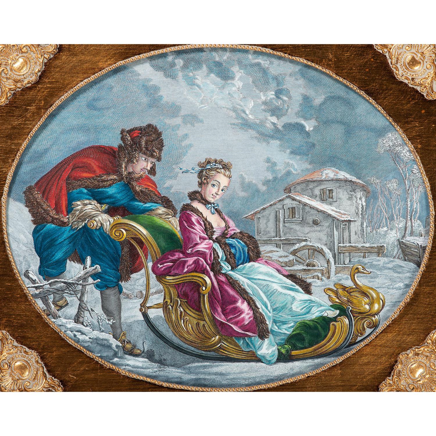 A Continental Hand Colored Engraving of Couple in Sled