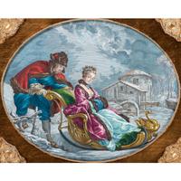 A Continental Hand Colored Engraving of Couple in Sled