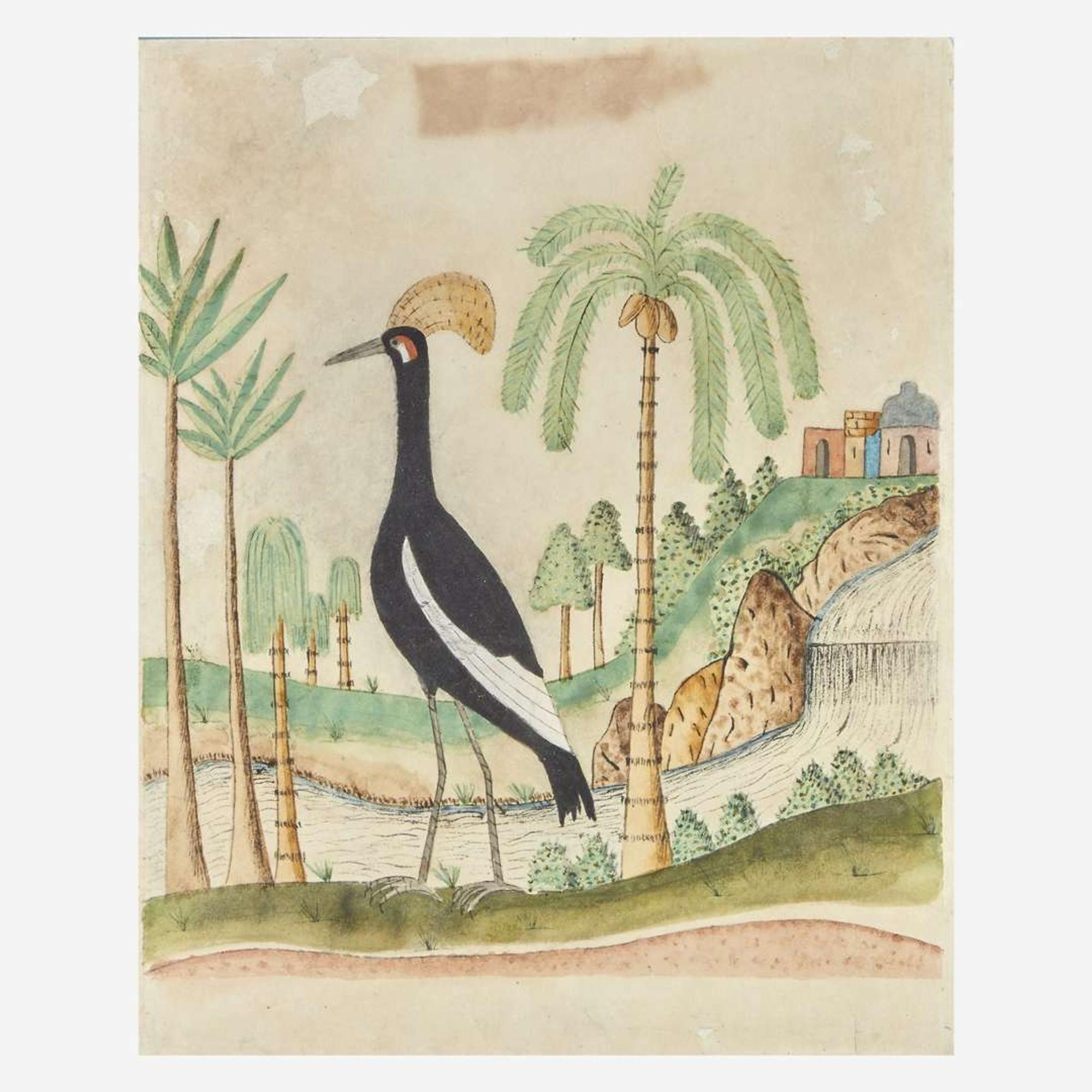 Attributed to the Exotic Scenery Artist A Schwenkfelder Fraktur: The Crane from Africa, circa 1820