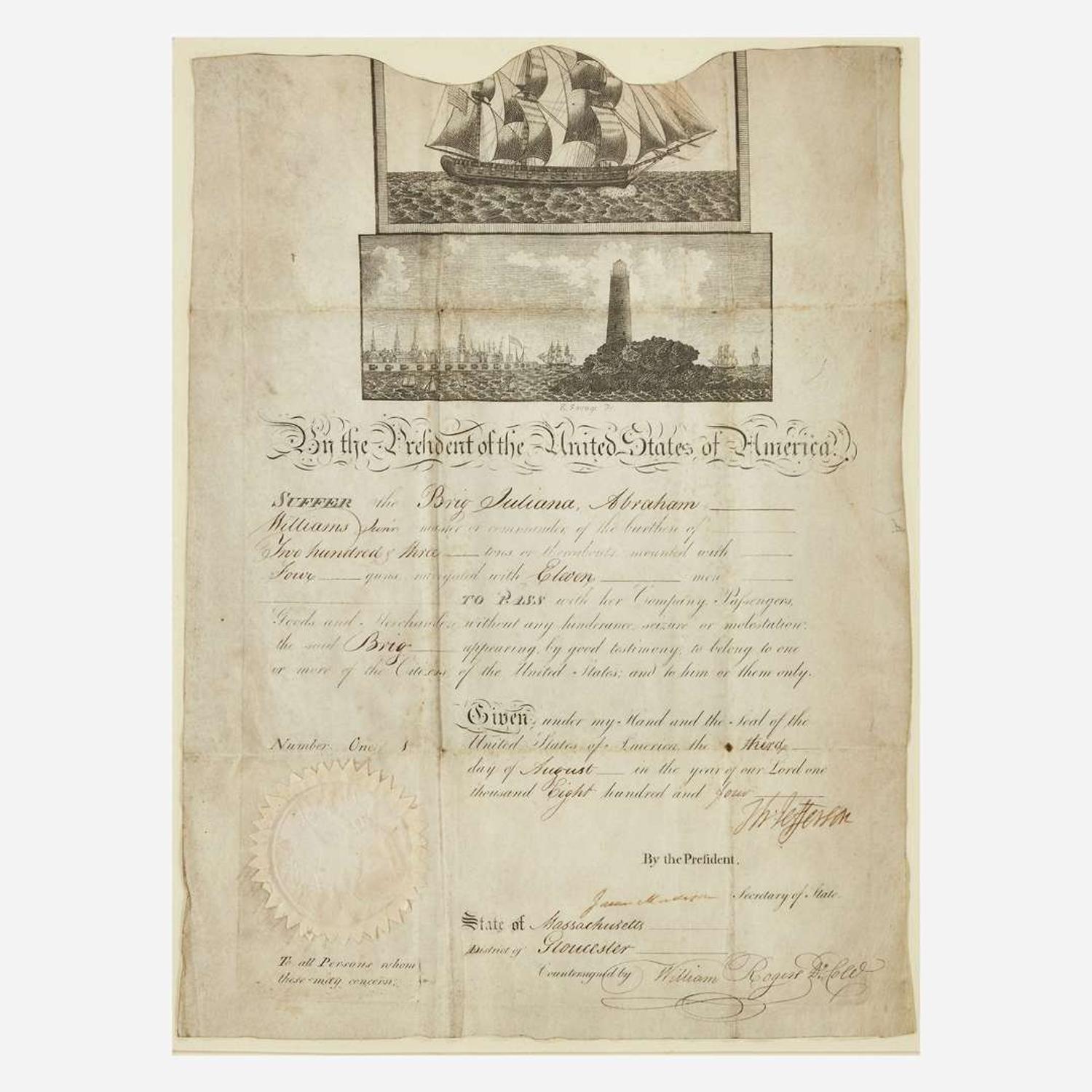 [Presidential] Jefferson, Thomas Signed Ship's Passport
