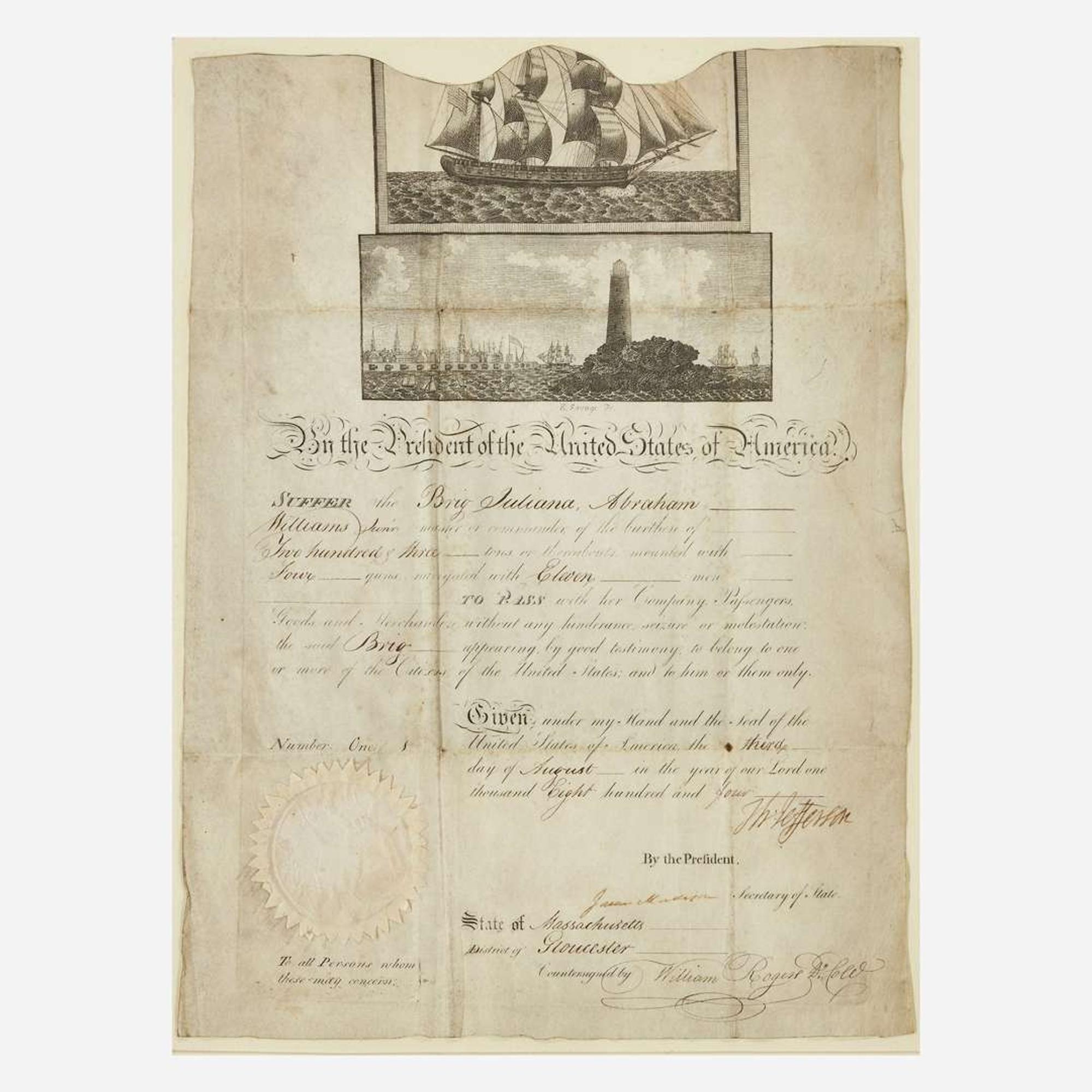 [Presidential] Jefferson, Thomas Signed Ship's Passport