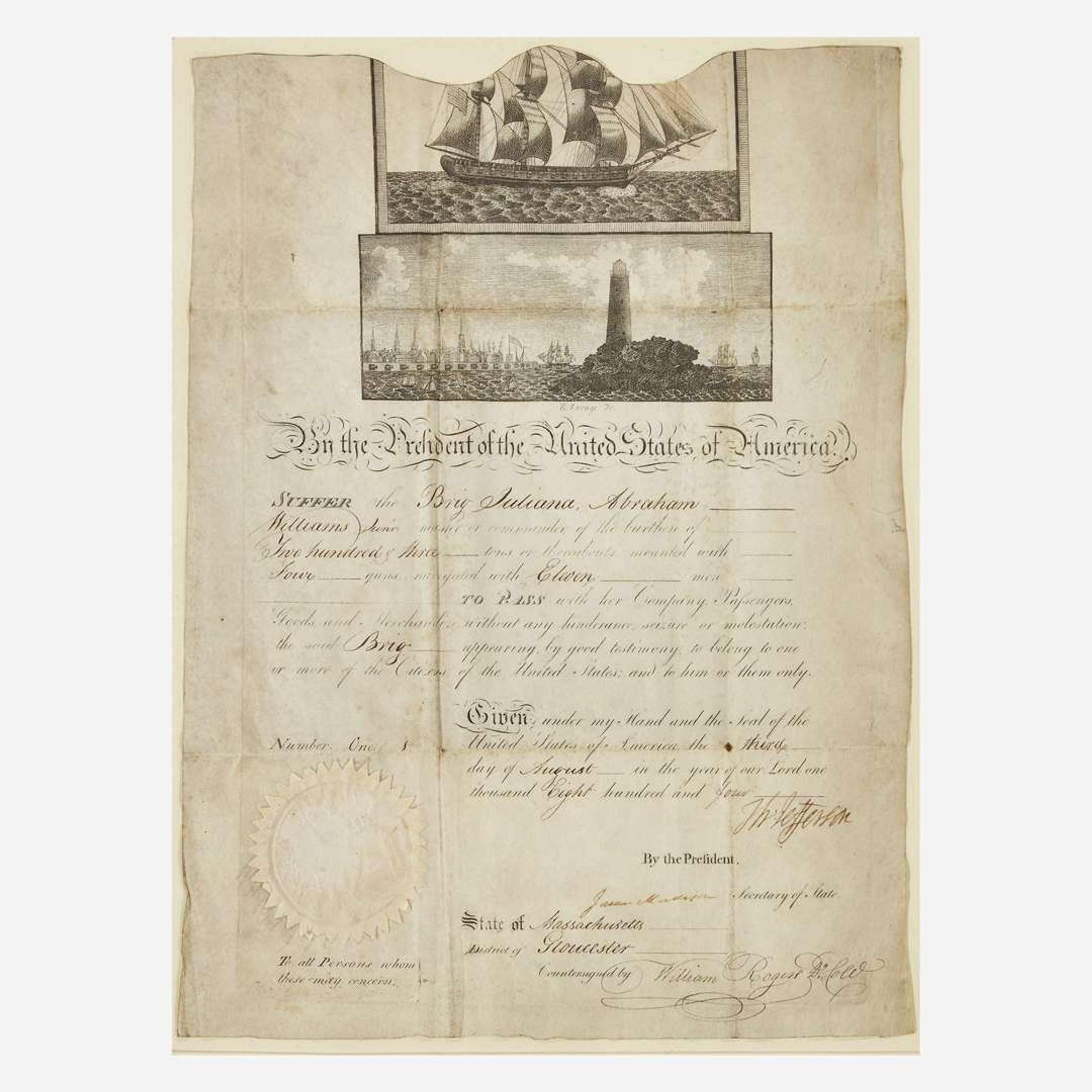 [Presidential] Jefferson, Thomas Signed Ship's Passport