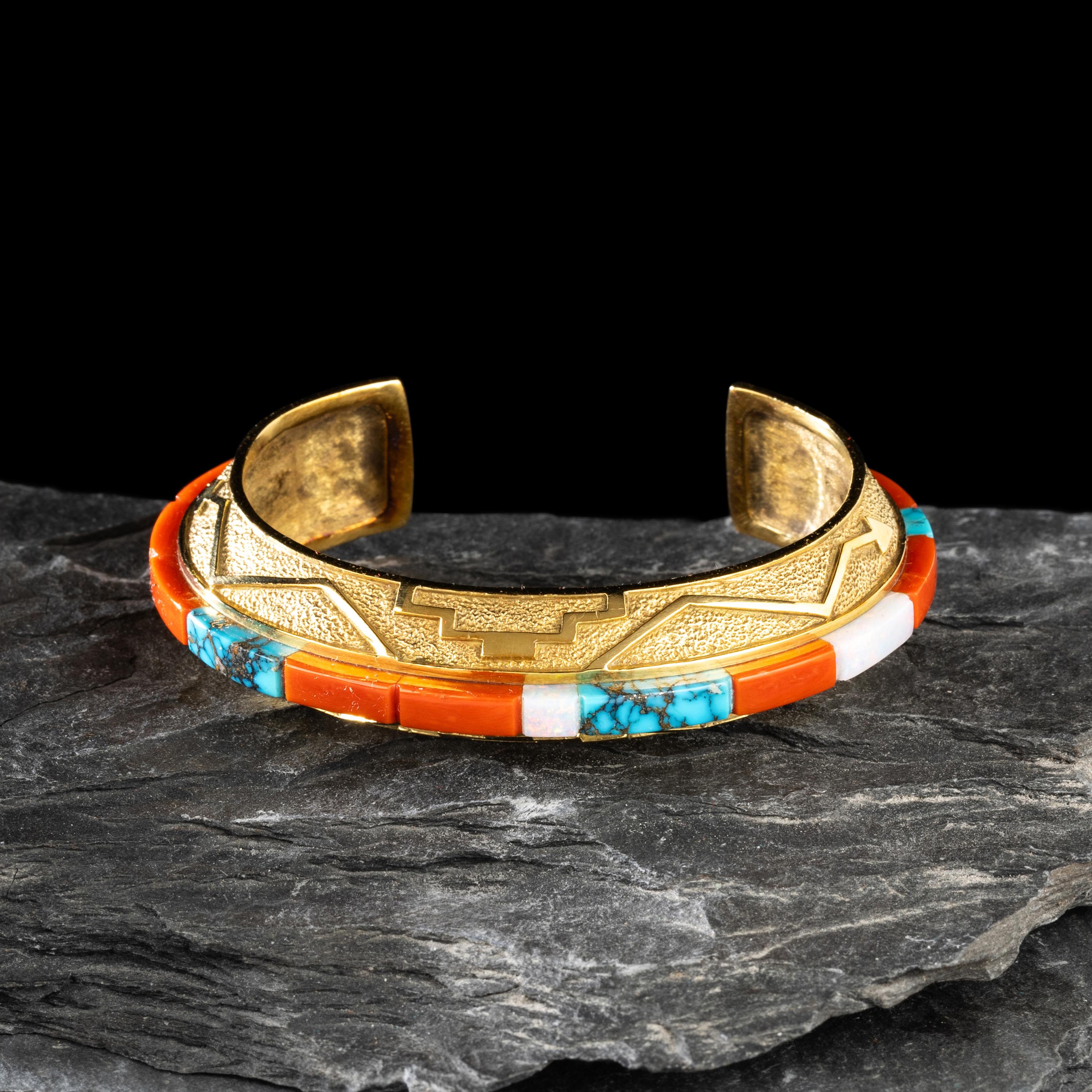 Don Supplee (Hopi, b. 1965) — 18K Gold, Coral, Turquoise, and Opal Cuff Bracelet