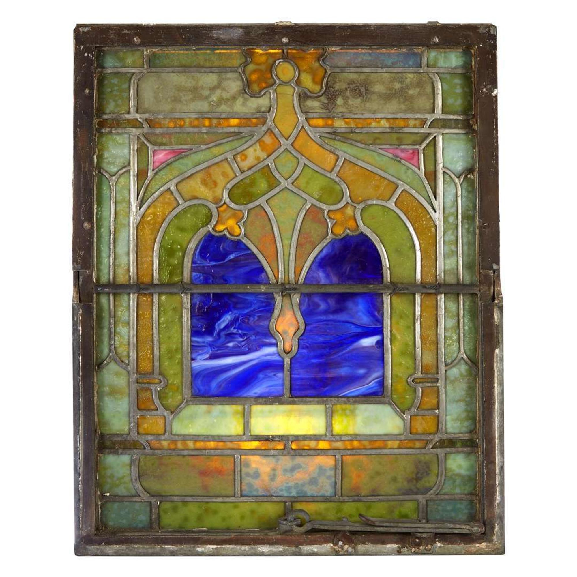 Two opalescent stained glass casement window panels Tiffany Studios, New York, NY, circa 1900