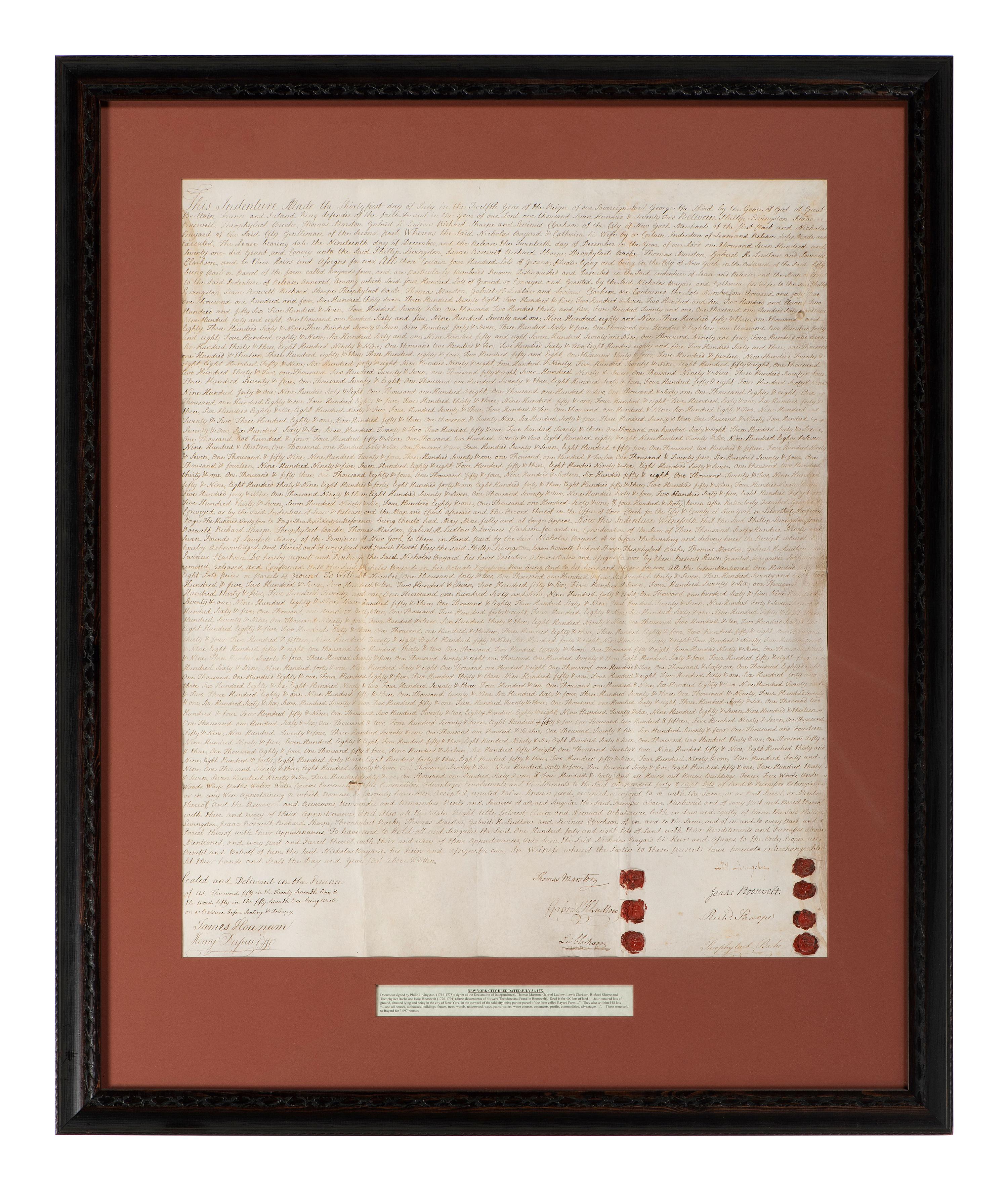 [NEW YORK] -- LIVINGSTON, Philip (1716-1778). Manuscript indentures, comprising:
