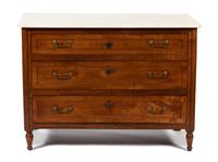 A Continental Provincial Style Carved Fruitwood Marble Top Commode Height 33 1/2 x width 46 3/4 x depth 21 3/4 inches. — 19TH CENTURY