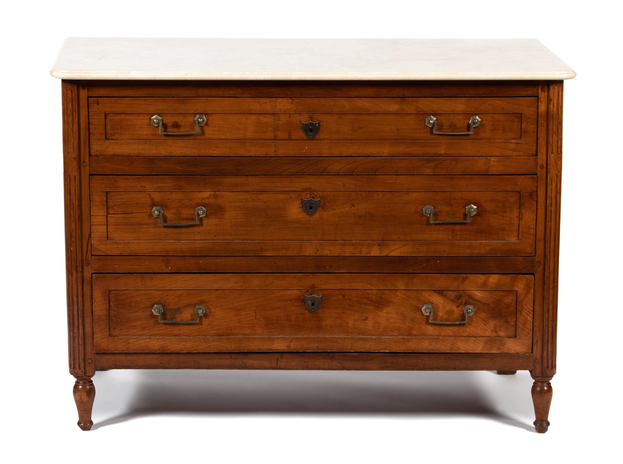 A Continental Provincial Style Carved Fruitwood Marble Top Commode Height 33 1/2 x width 46 3/4 x depth 21 3/4 inches. — 19TH CENTURY