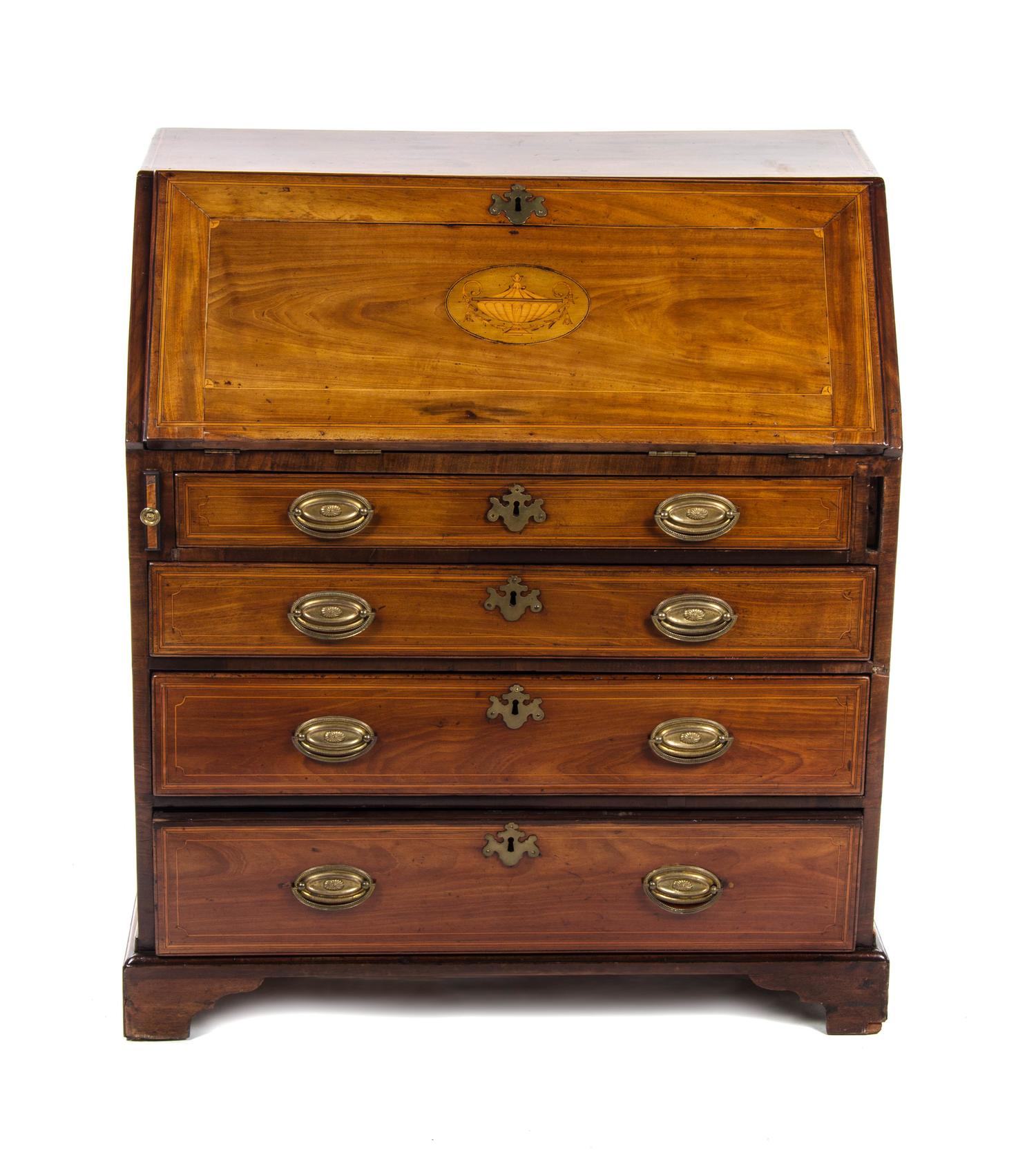 A George III Mahogany Slant Front Bureau, 19TH CENTURY, Height 38 x width 33 x depth 19 5/8 inches. — 19TH CENTURY,