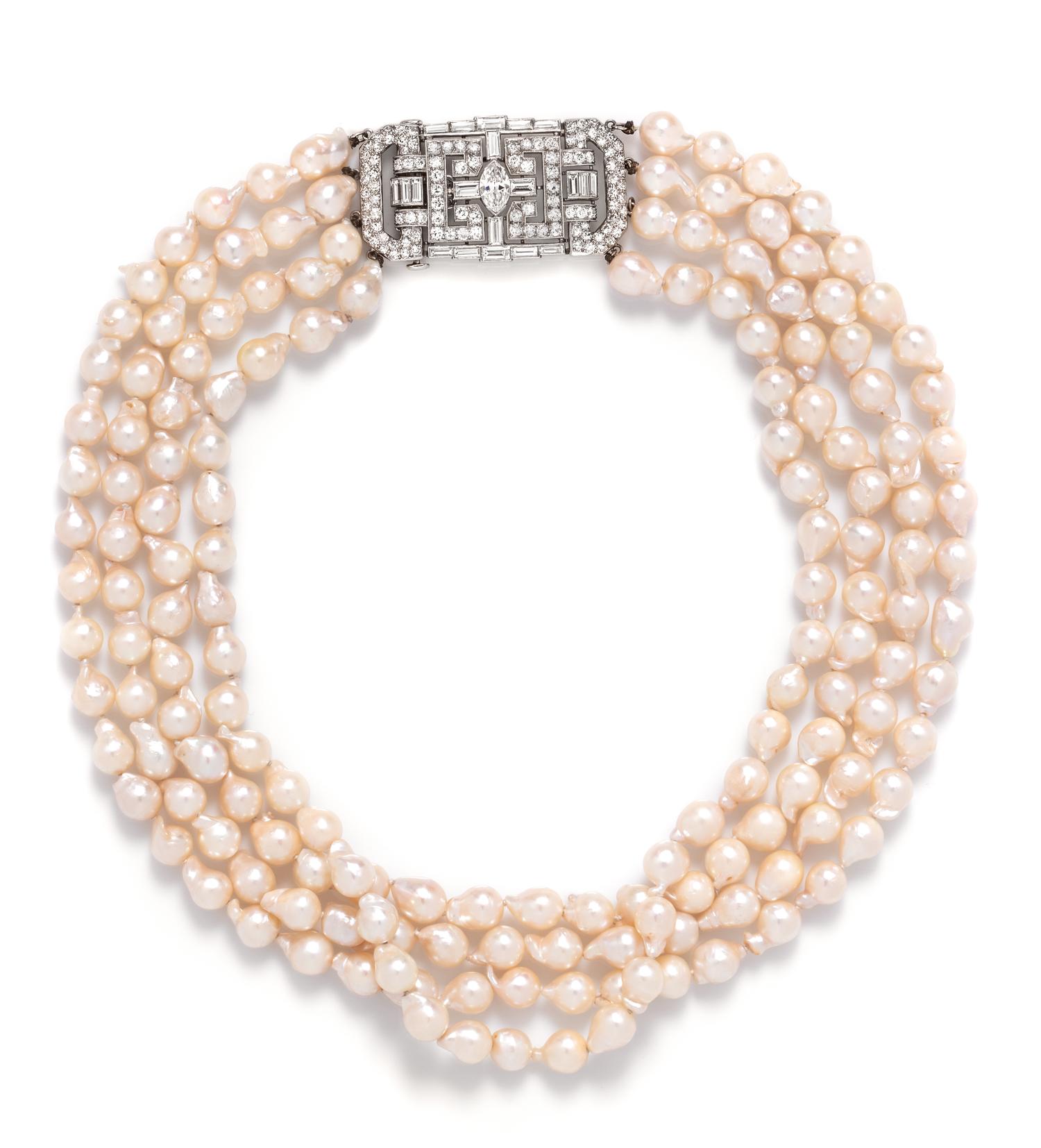 A Platinum, Diamond and Cultured Baroque Pearl Multistrand Necklace,