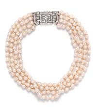A Platinum, Diamond and Cultured Baroque Pearl Multistrand Necklace,