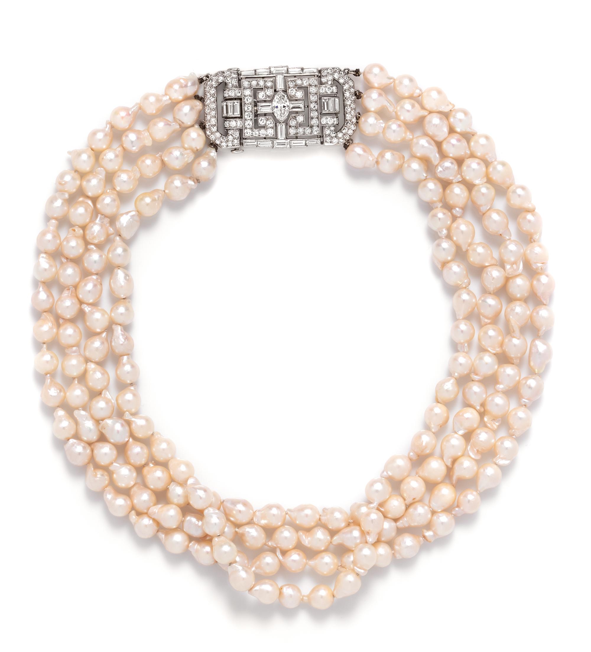 A Platinum, Diamond and Cultured Baroque Pearl Multistrand Necklace,