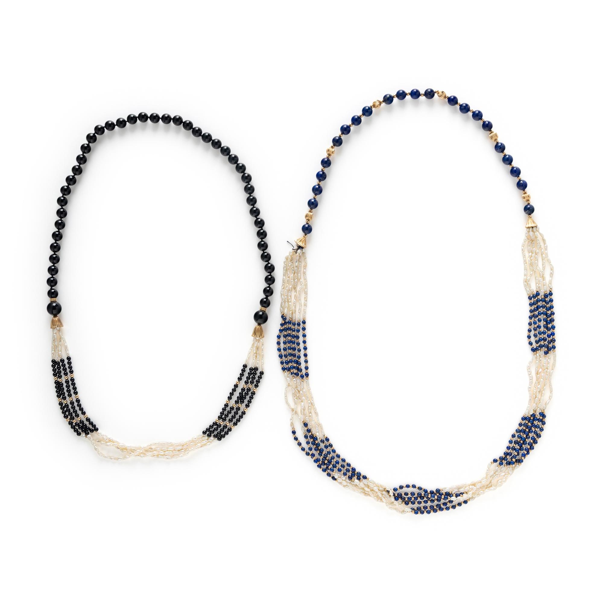 TWO YELLOW GOLD AND BEAD NECKLACES