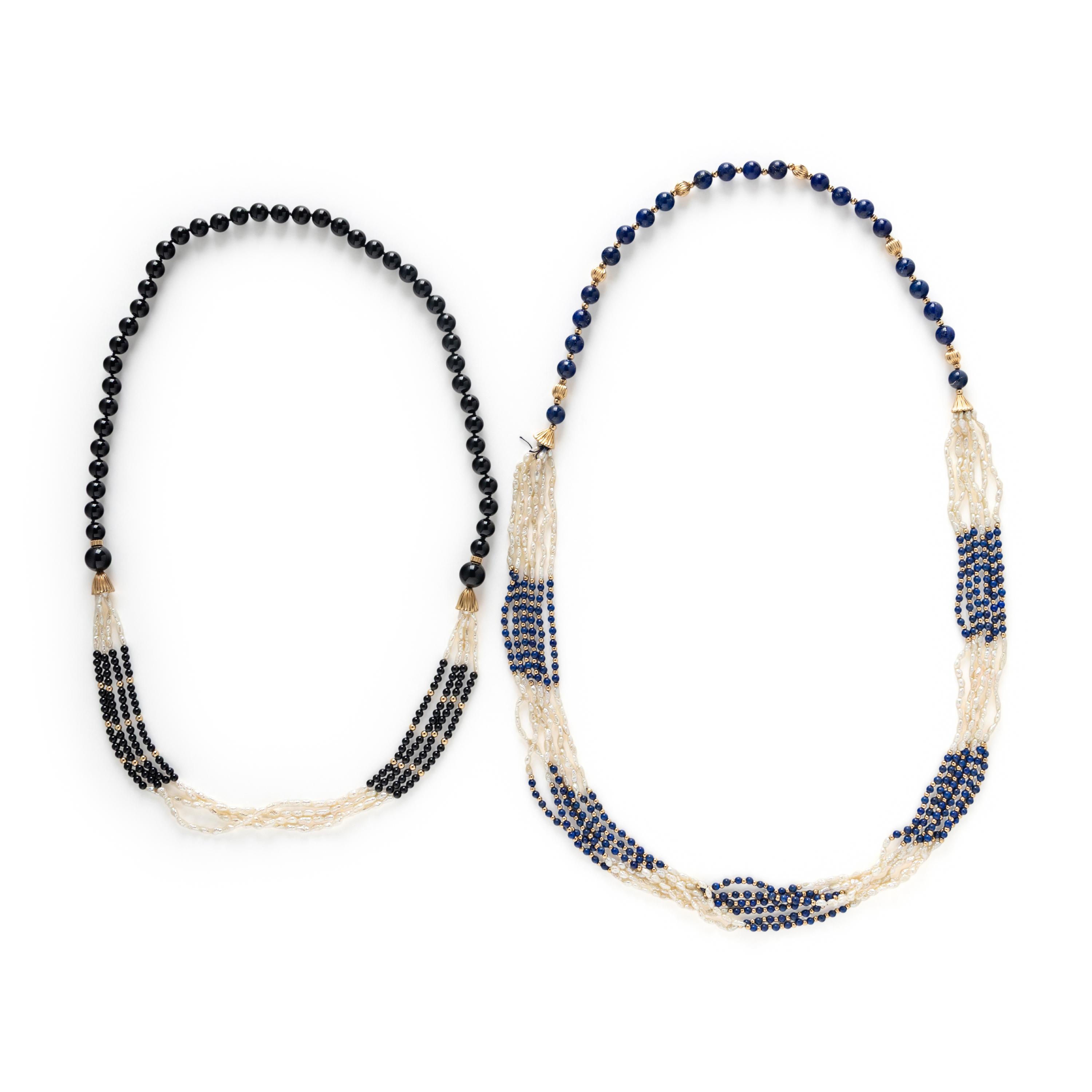 TWO YELLOW GOLD AND BEAD NECKLACES