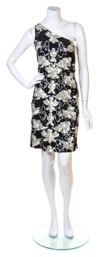Oleg Cassini One-Shoulder Floral Sequin Dress, 1960-70s No size label