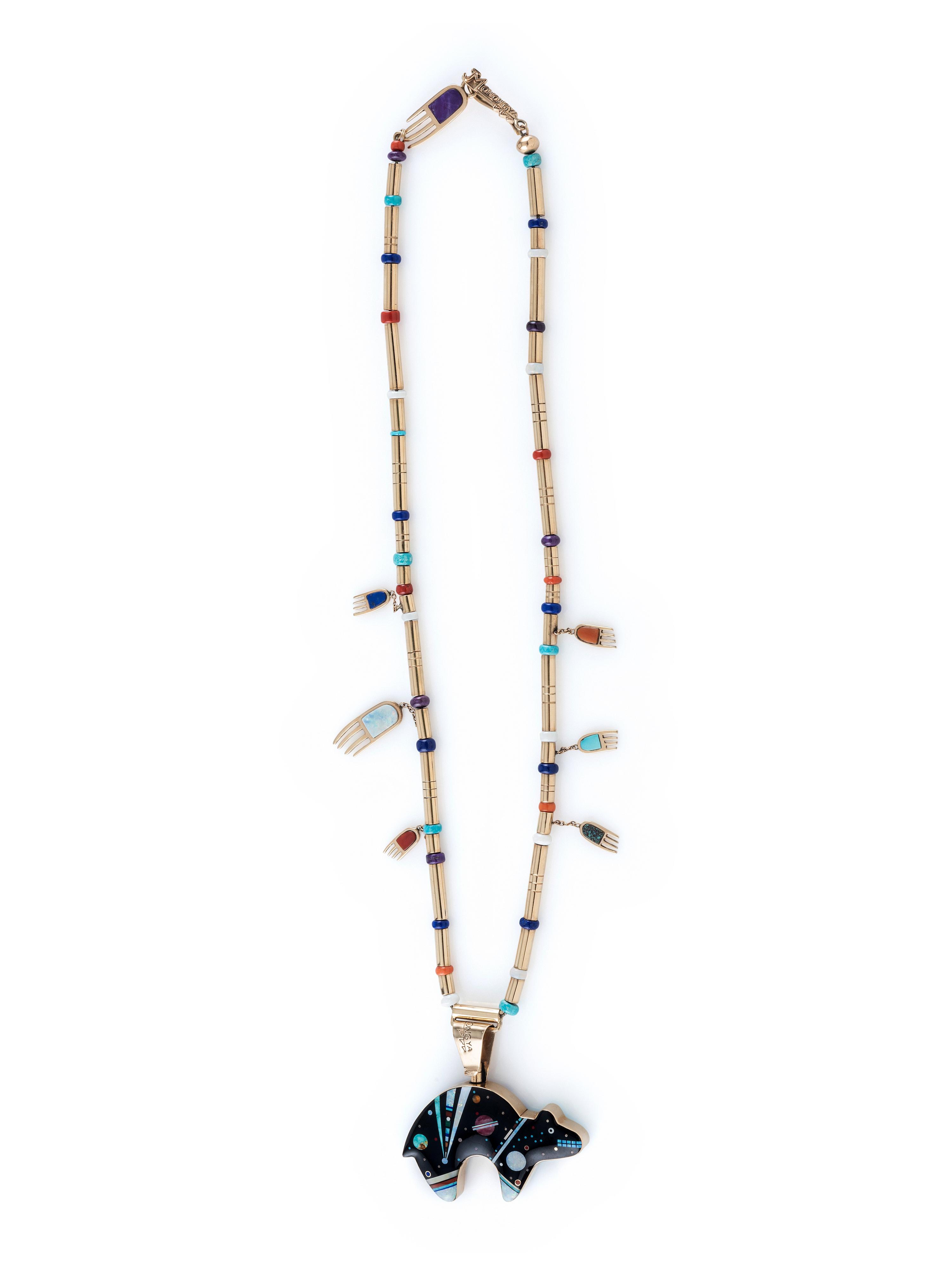 14K Gold Necklace, with Reversible Mosaic Inlay Bear Pendant