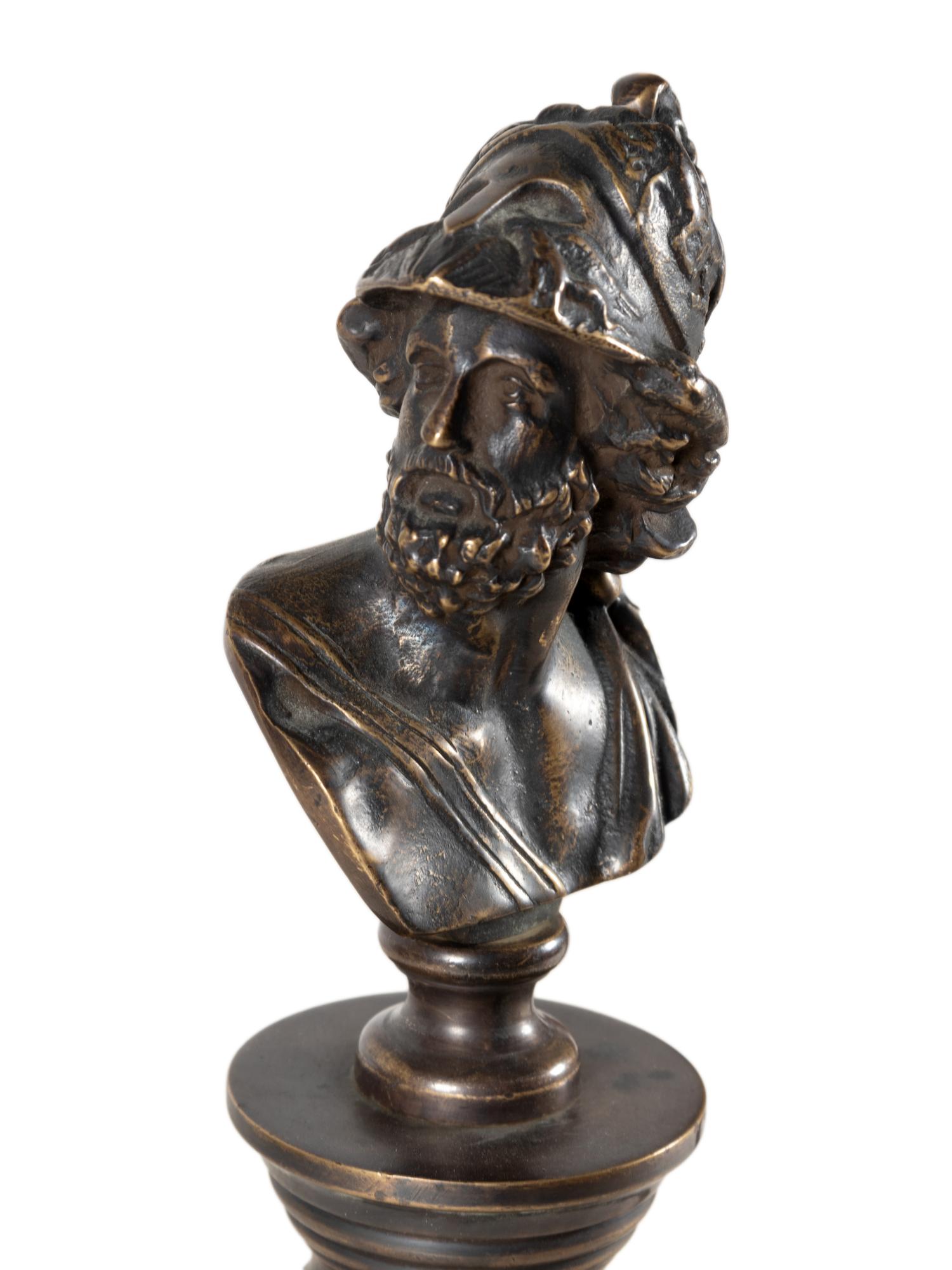 A Pair of Grand Tour Patinated Bronze Columns with Busts of Roman Soldiers