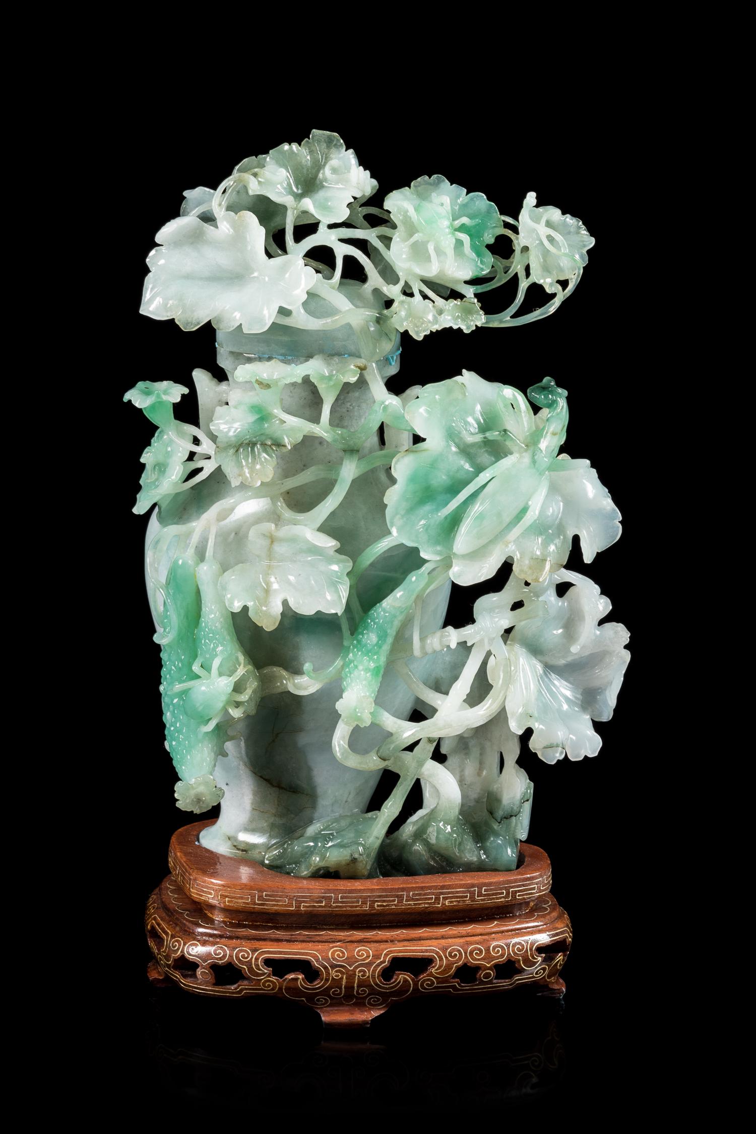 An Apple Green and Celadon Jadeite Covered Vase Height 6 3/4 inches. — 20TH CENTURY