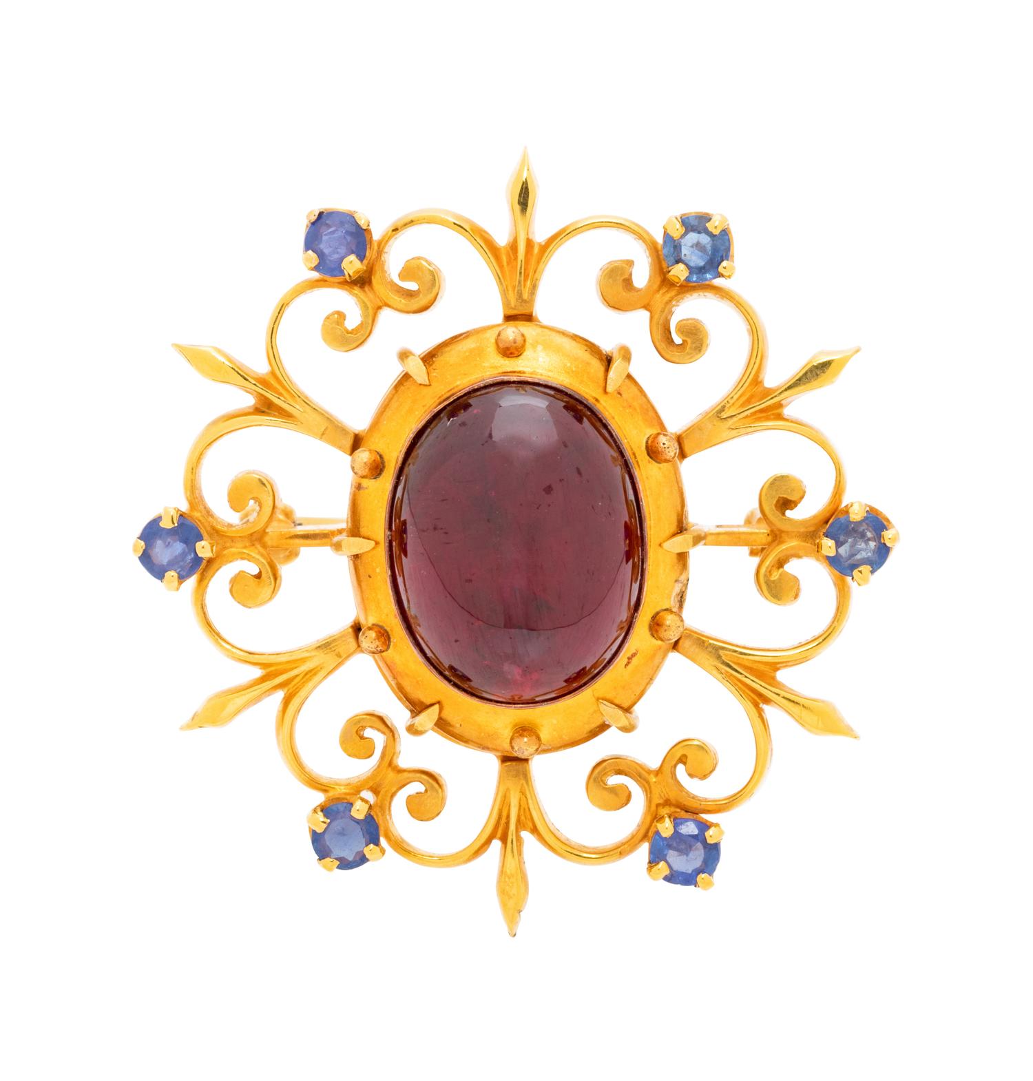 A Yellow Gold, Red Gemstone and Sapphire Pendant/Brooch,