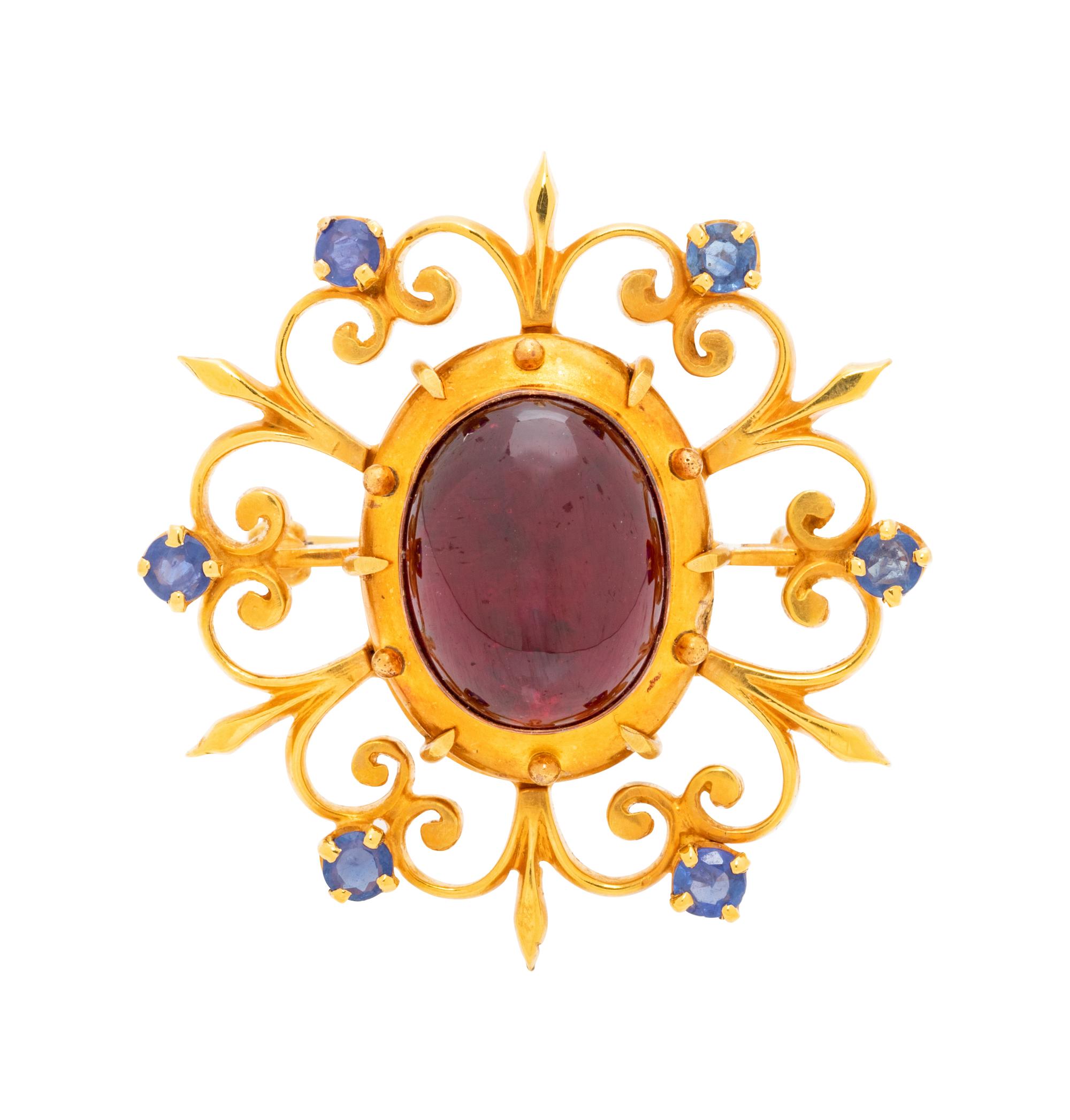 A Yellow Gold, Red Gemstone and Sapphire Pendant/Brooch,