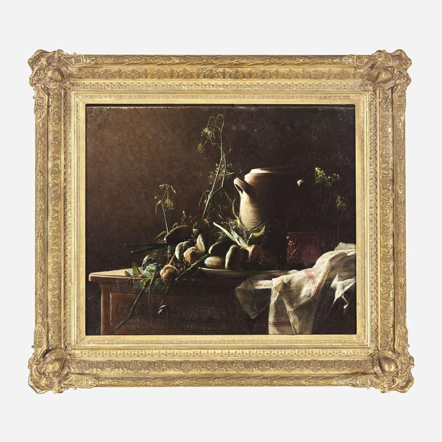 Robert Wylie (American, 1839–1877) Still Life with Leeks, Potatoes and Fennel on Commode Tabletop