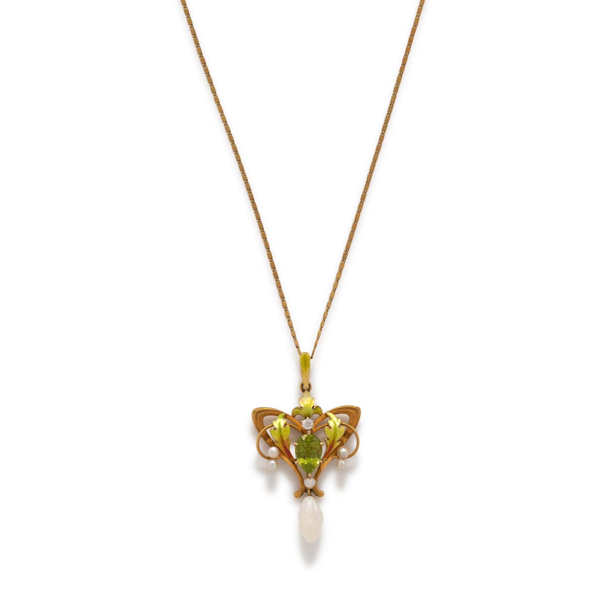 ART NOUVEAU, PERIDOT, DIAMOND, PEARL AND ENAMEL PENDANT/NECKLACE