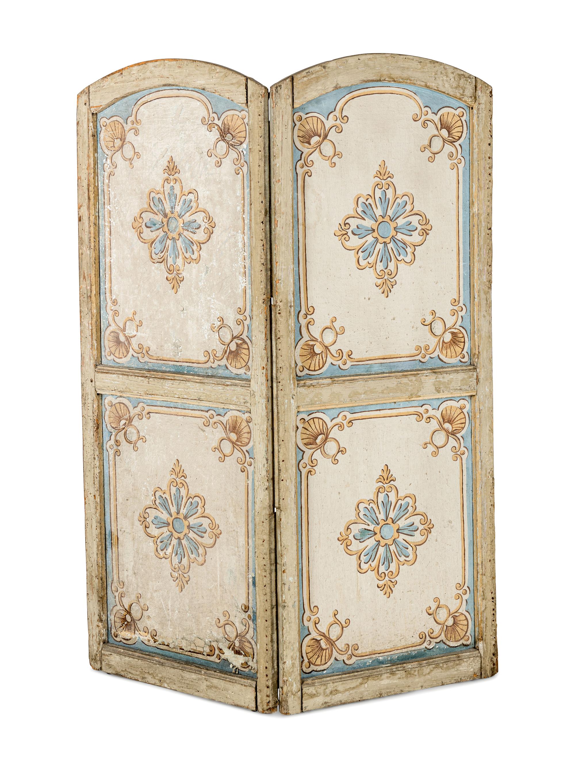 A Louis XV Painted Canvas Five-Panel Floor Screen