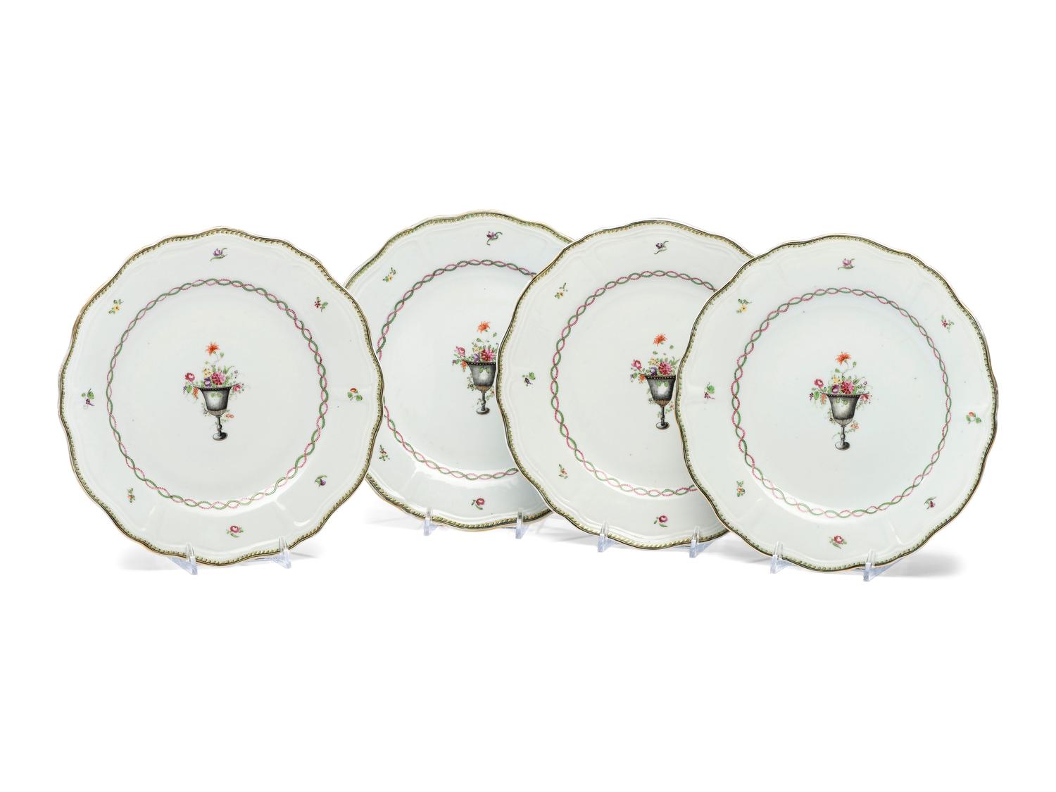 A Set of Four Chinese Export Famille Rose Urn Decorated Porcelain Plates