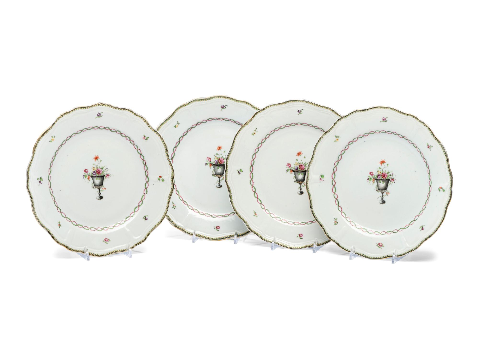 A Set of Four Chinese Export Famille Rose Urn Decorated Porcelain Plates