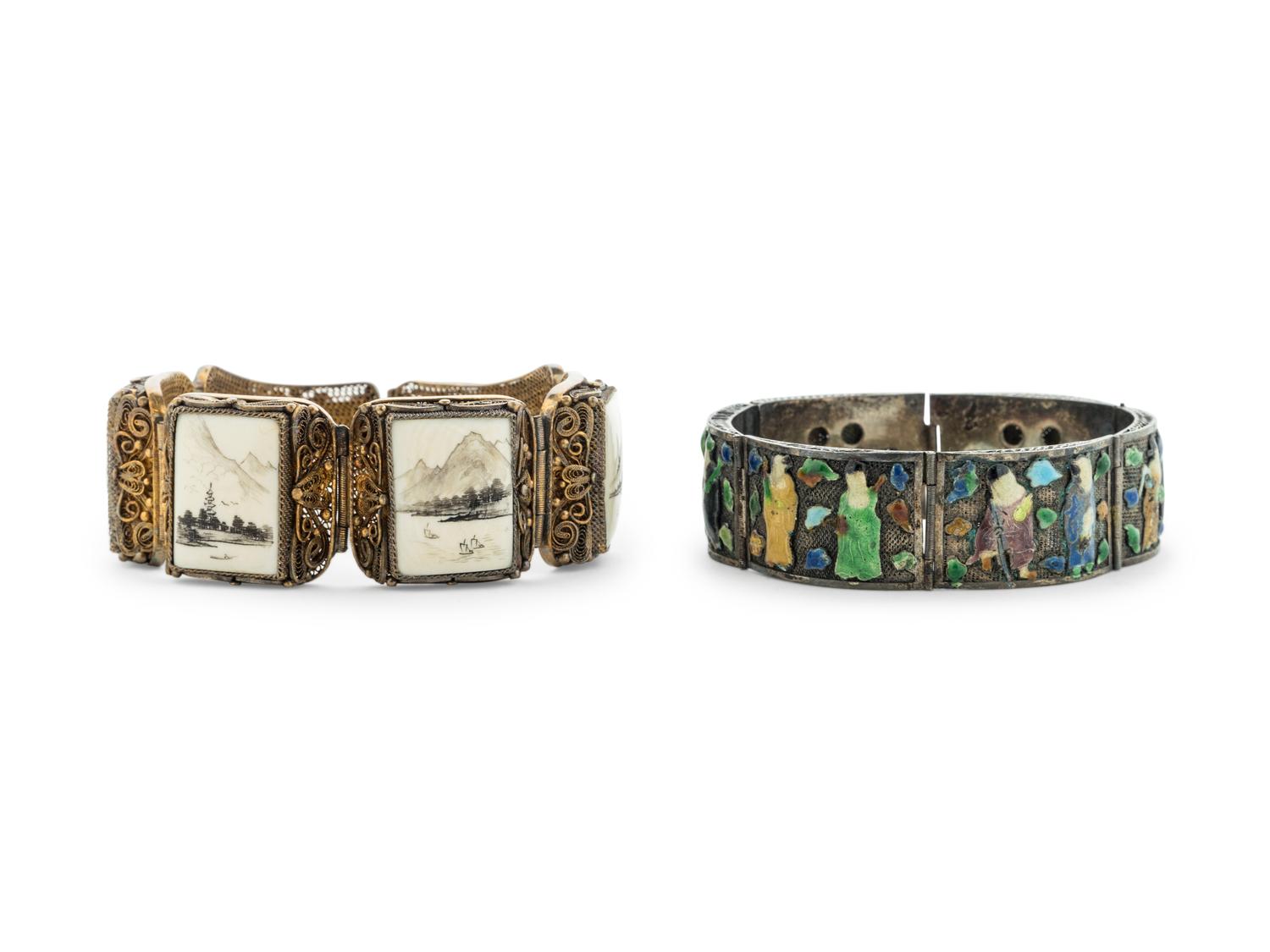 Two Chinese Inlaid and Enameled Metal Filigree Bracelets